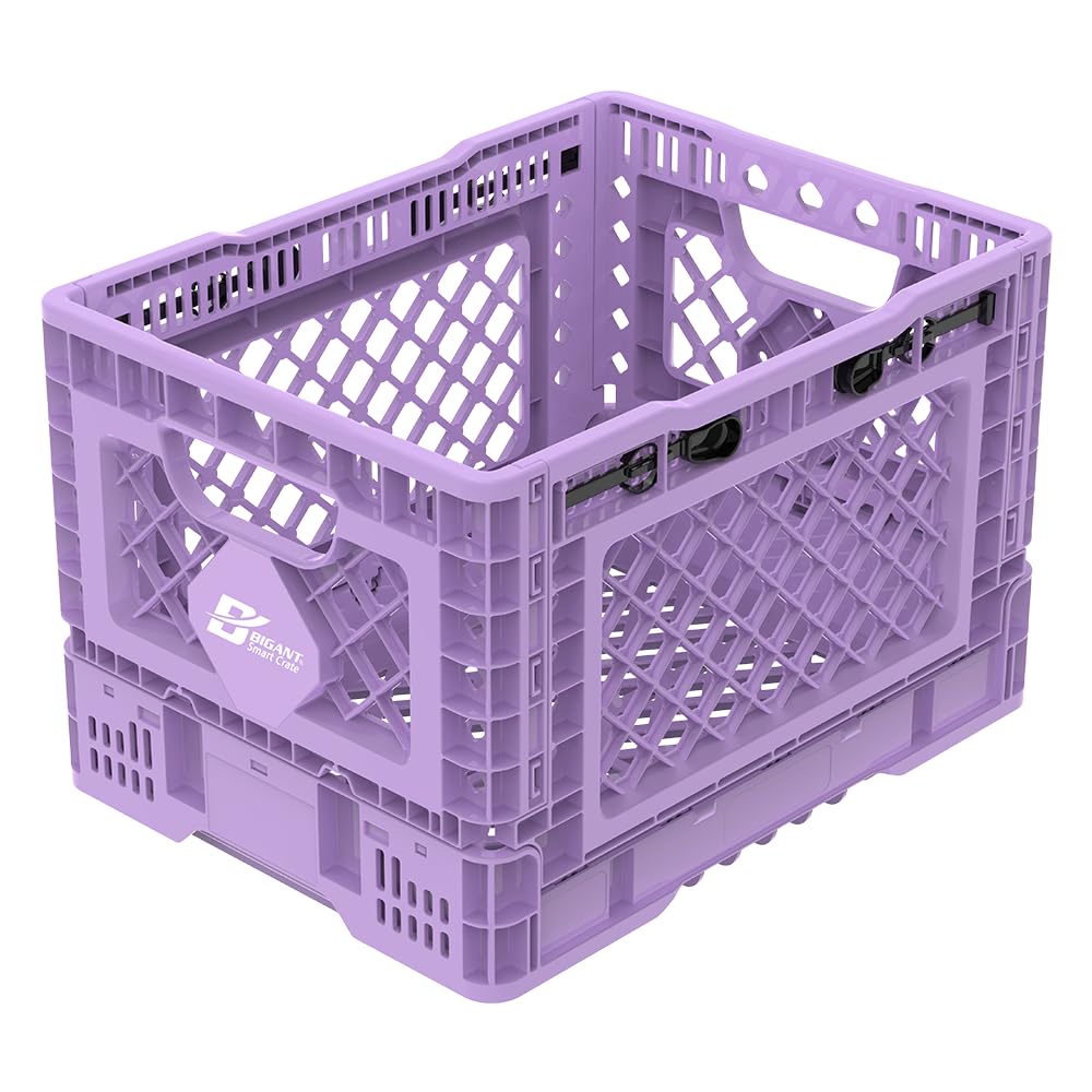 Bigant Heavy Duty Collapsible & Stackable Plastic Milk Crate - Snap Lock Foldable Industrial Garage Storage Bin Container Utility Tote Basket (Purple, 1 Small Crate)