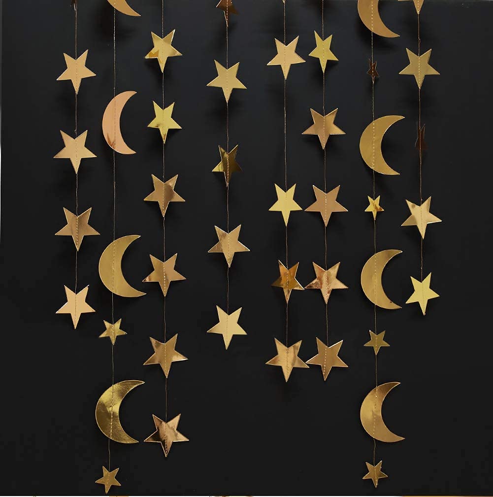 Decor365 Gold Moon Star Garland Ramadan Decorations Twinkle Little Star Two the Moon Birthday Party Decoration Whimsical Decor Starry New Year Eve Banner Hanging Stars Baby Shower EID Muburak Decor