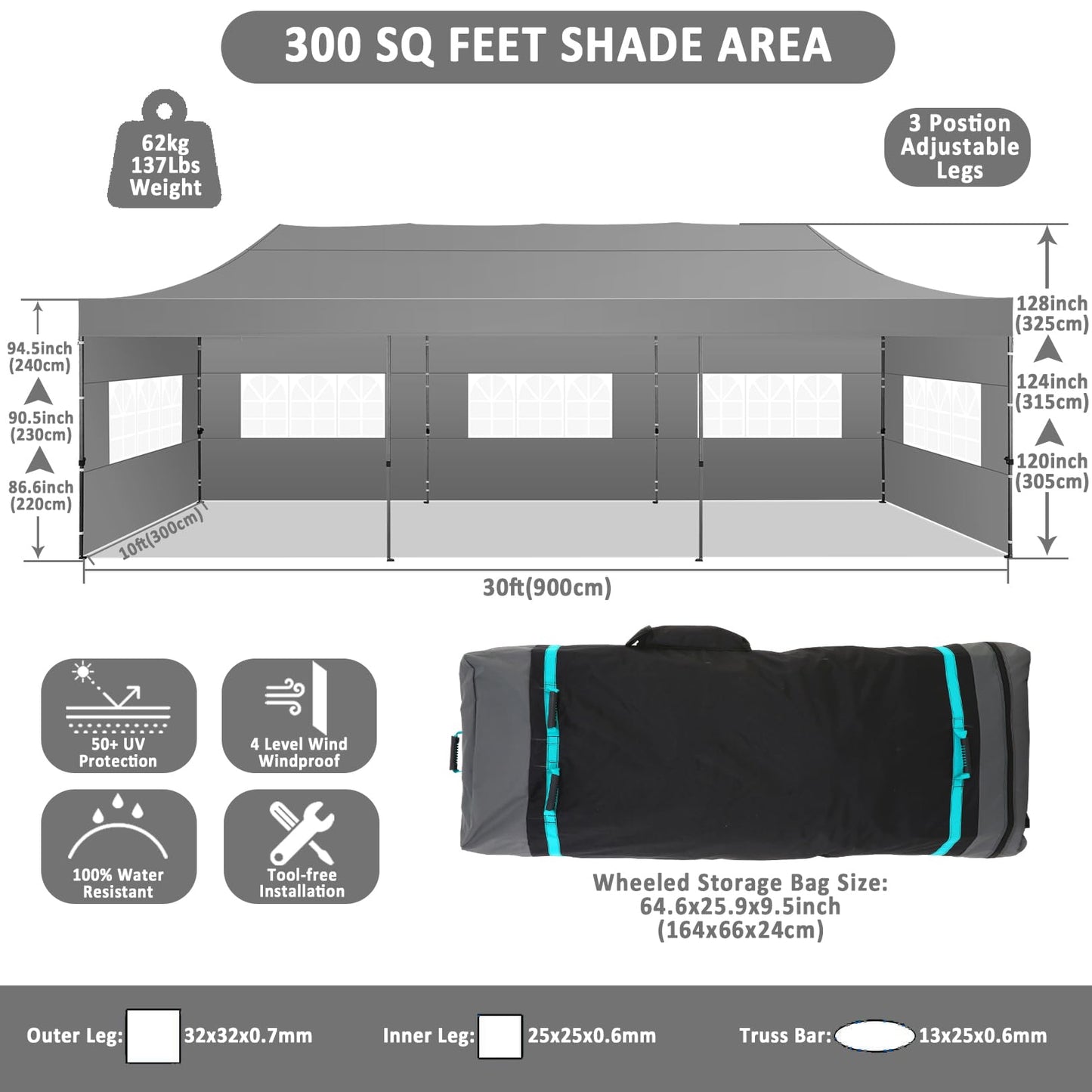 COBIZI 10x30 Pop Up Canopy with 8 Sidewall,Heavy Duty UPF 50+ All Season Wind Waterproof Commercial Outdoor Wedding Party Tents for Parties Canopy Gazebo with Roller Bag(10 x 30 ft Gray)