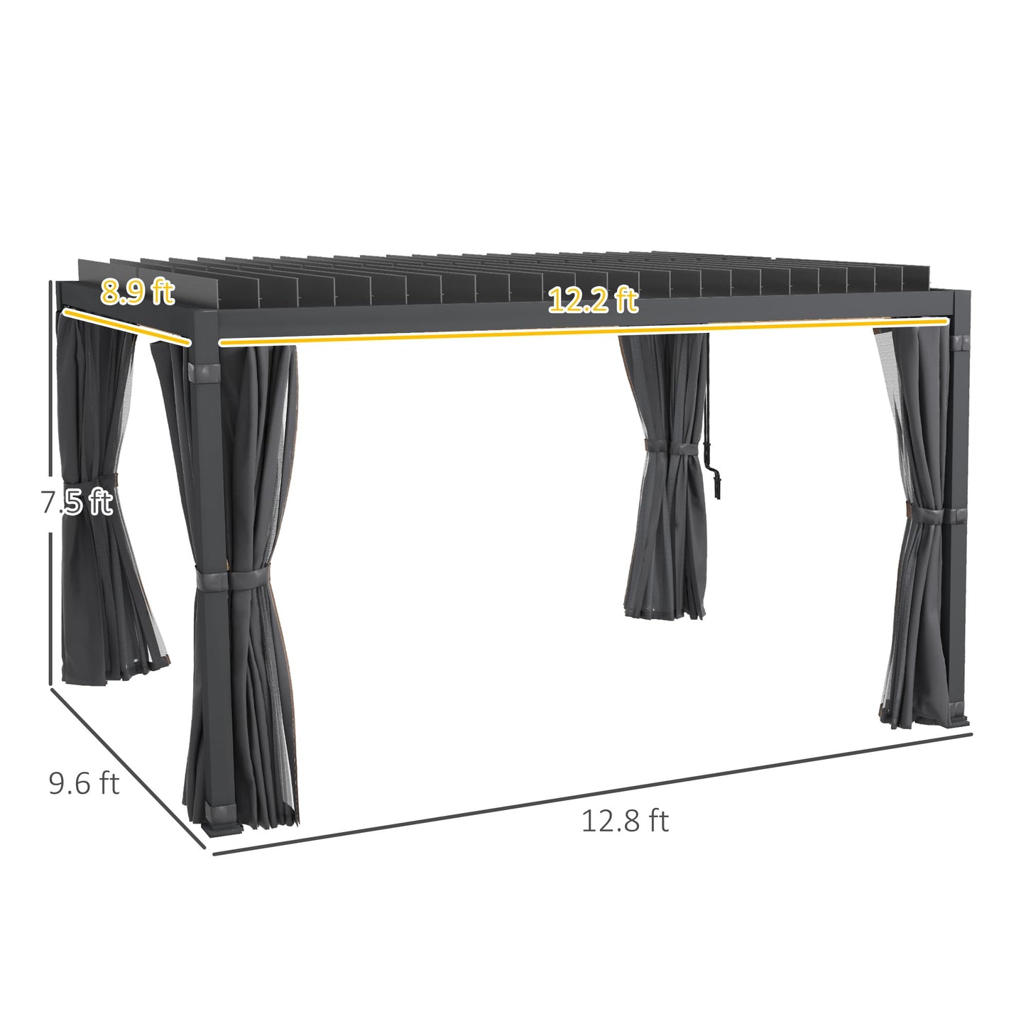 Outsunny 10 x 13 ft. Louvered Pergola Hardtop Gazebo with Adjustable Aluminum Roof and Frame, Outdoor Pergola with Curtains and Netting, for Garden, Lawn, Backyard, and Deck, Dark Gray