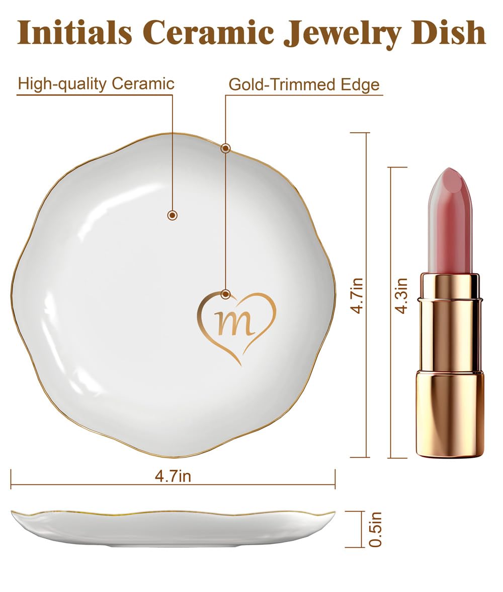 ERSHIXUN Gifts for Women – Initials Ceramic Jewelry Dish for Earrings, Necklaces, Bracelets, Rings, Watch, and Keys – Mother’s Day, Christmas, and Birthday Gifts for Women (m)