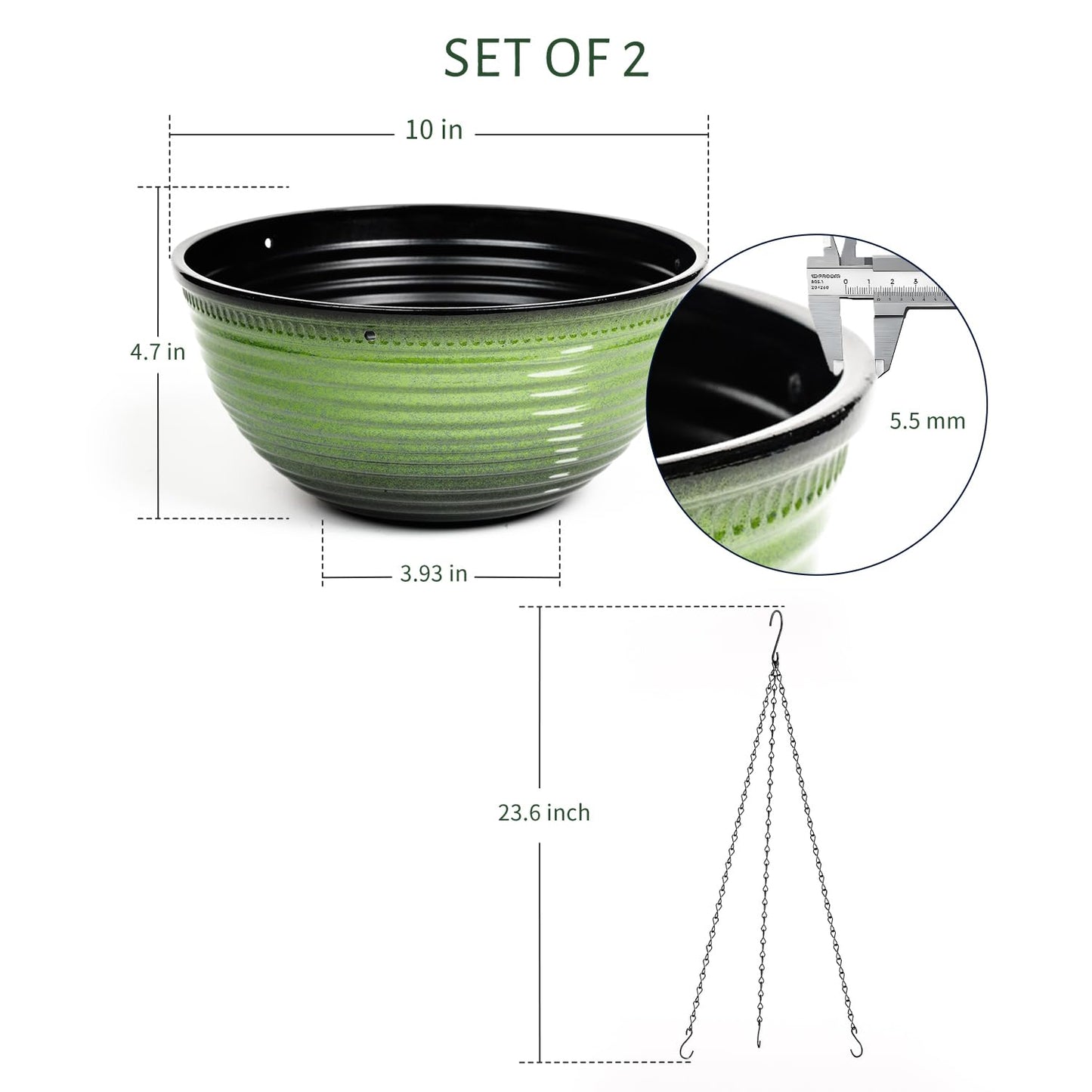 Vanslogreen 10 Inch Hanging Planter, 2 Pack Hanging Planters for Indoor Outdoor Plants, Hanging Pots with Drainage Holes for Garden Home (Green)
