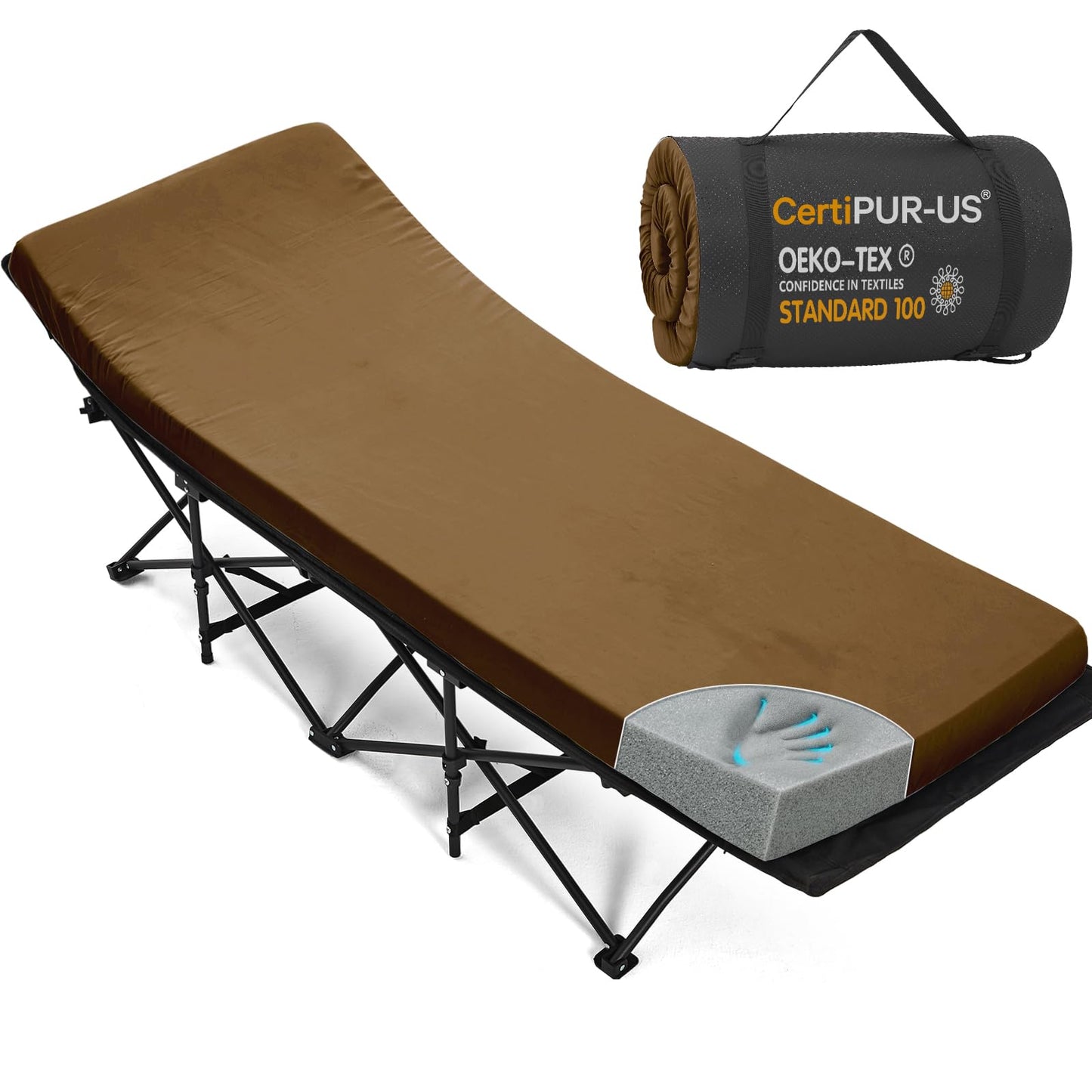 CYMULA Camping Cot Mattress 2in Memory Foam Sleeping Pad,Soft Warm Non-Slip Camping Mattress Topper with Retaining for Adults,Portable Roll up Pad for Travel(Brown 75"x30")