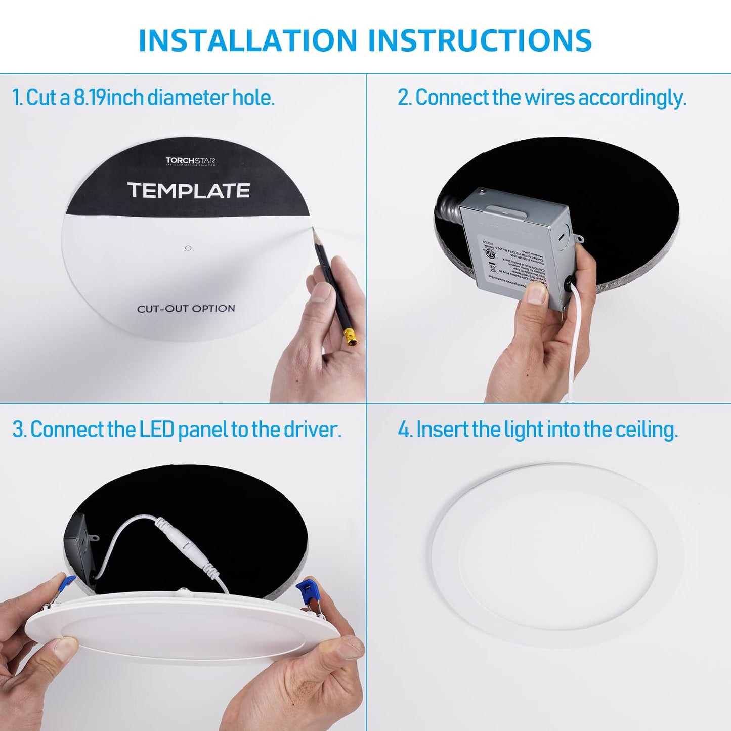 TORCHSTAR 8 Inch Ultra-Thin LED Recessed Ceiling Light with Junction Box, 4000K Cool White, 18W High Brightness Dimmable Slim Canless Wafer Downlight, ETL & ES, Pack of 6