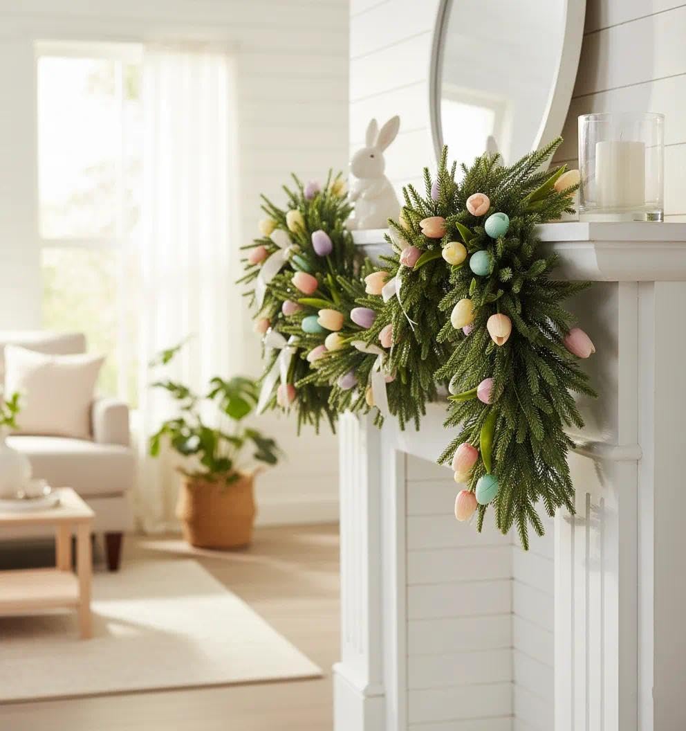 6ft Real Touch Norfolk Pine Garland, Artificial Realistic Spring Greenery Garland for Easter Mantel Decor, Soft Faux Thick Greenery Table Runner for Wedding, Farmhouse Home & Stairs Banister (Unlit)