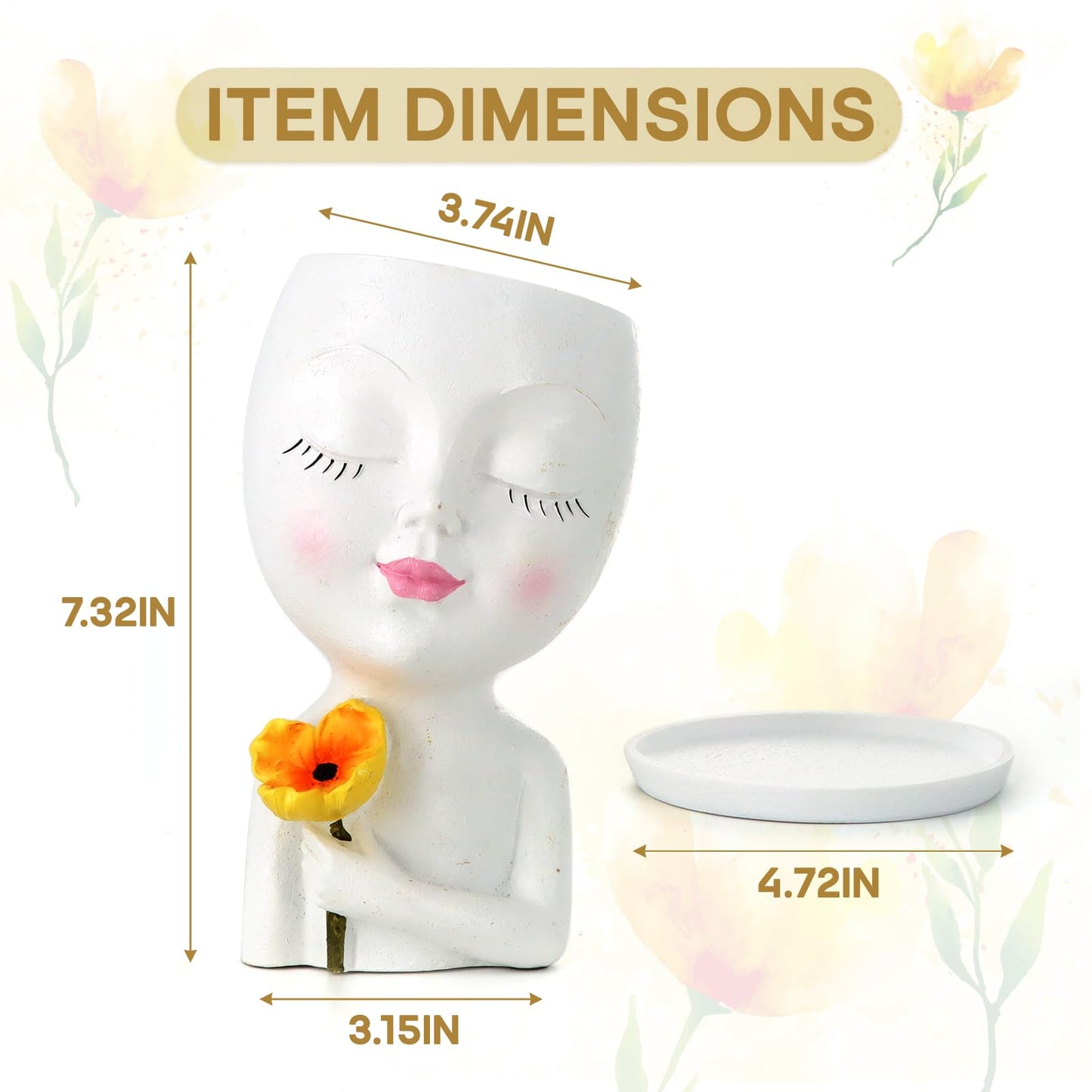 Meltset M Face Planter Pot Head Planter for Indoor Plants, Cute Girl Holding Poppy Flower Pot with Drainage Hole, Resin Succulent Cactus Planter, Unique Gardening Gifts for Women Mom Teacher (White)