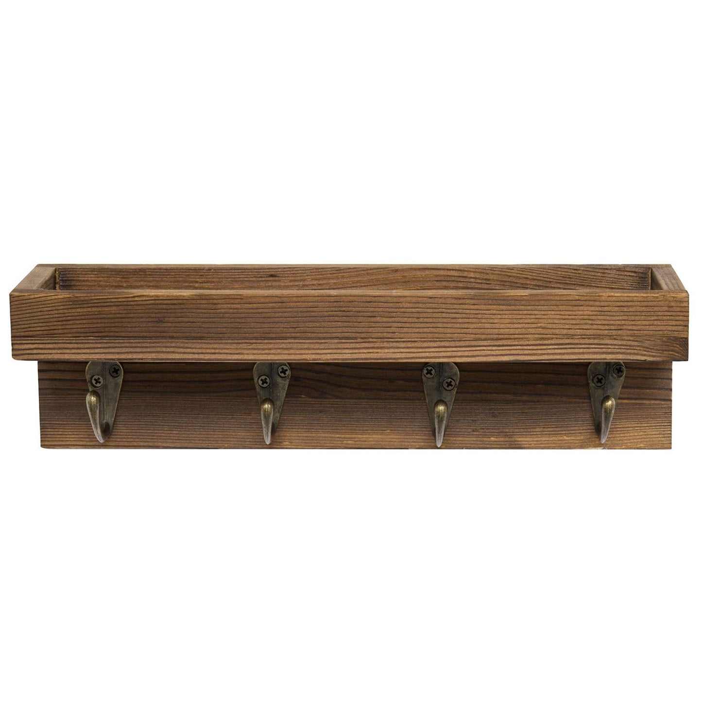 MyGift 10 Inch Floating Wall Shelf with Hooks, Dark Brown Wood Entryway Storage Shelf with 4 Metal Key Hooks