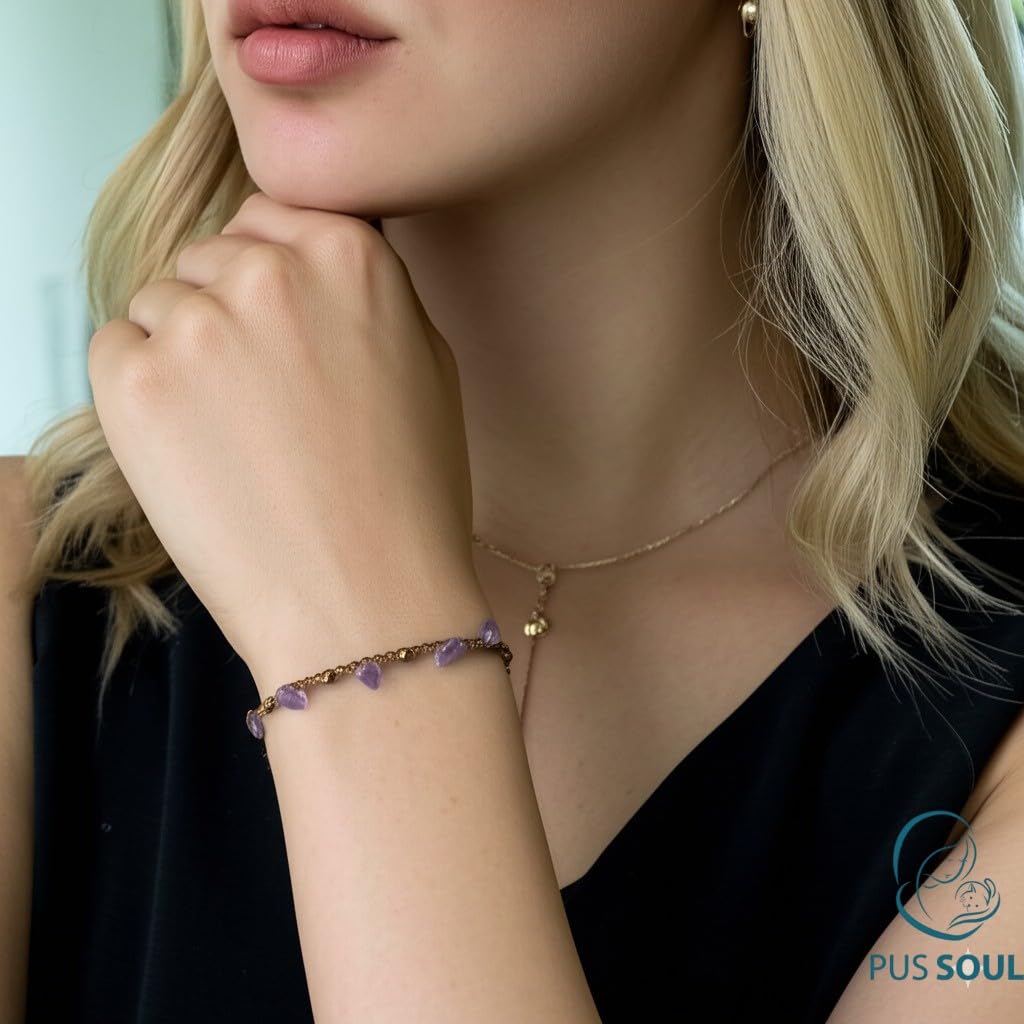 PusSoul Handmade Amethyst Small Crystal Bracelet (6.5-7.5'') - Adjustable & Plus Size, Natural Healing Crystal Chips, Waterproof, Chakra Beaded - Unusual Jewelry for Women, Girl & Friendship from