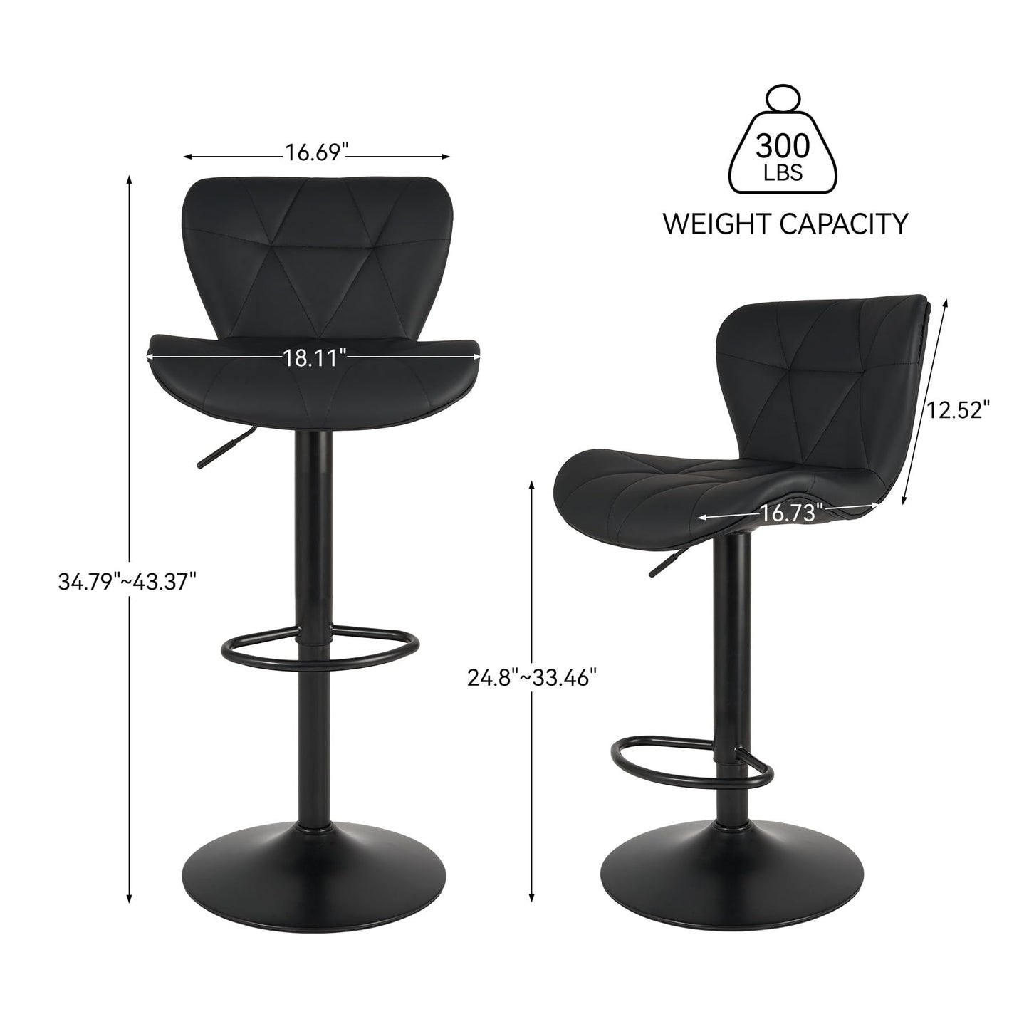 Nalupatio Modern Bar Stools Set of 2, Adjustable Faux Leather Upholstered Swivel Bar Stools, Counter Height Bar Chairs with Back for Kitchen Island, Black