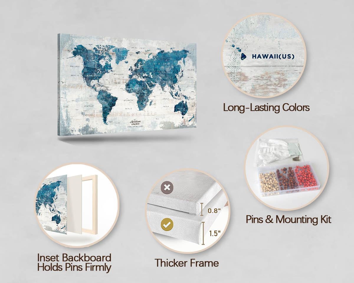GIFTTWART Canvas Wall Art Office Artwork Large Modern Abstract Map of the World Push Pin Board Travel Map Blue Pictures for Living Room Bedroom Dining Room Motivational Home Decor