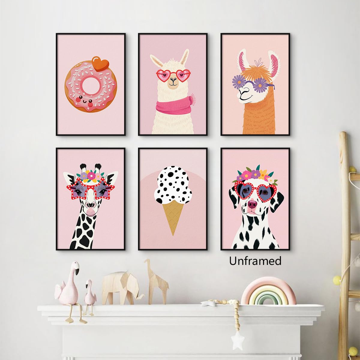 6pcs Pastel Pink Nursery Canvas Wall Art, Fashion Sunglasses Wearing Animal Poster, Cute Dog Giraffe Alpaca Kis Room Picture, Playful Ice Cream & Donut Print for Girls Playroom 8x12in Unframed