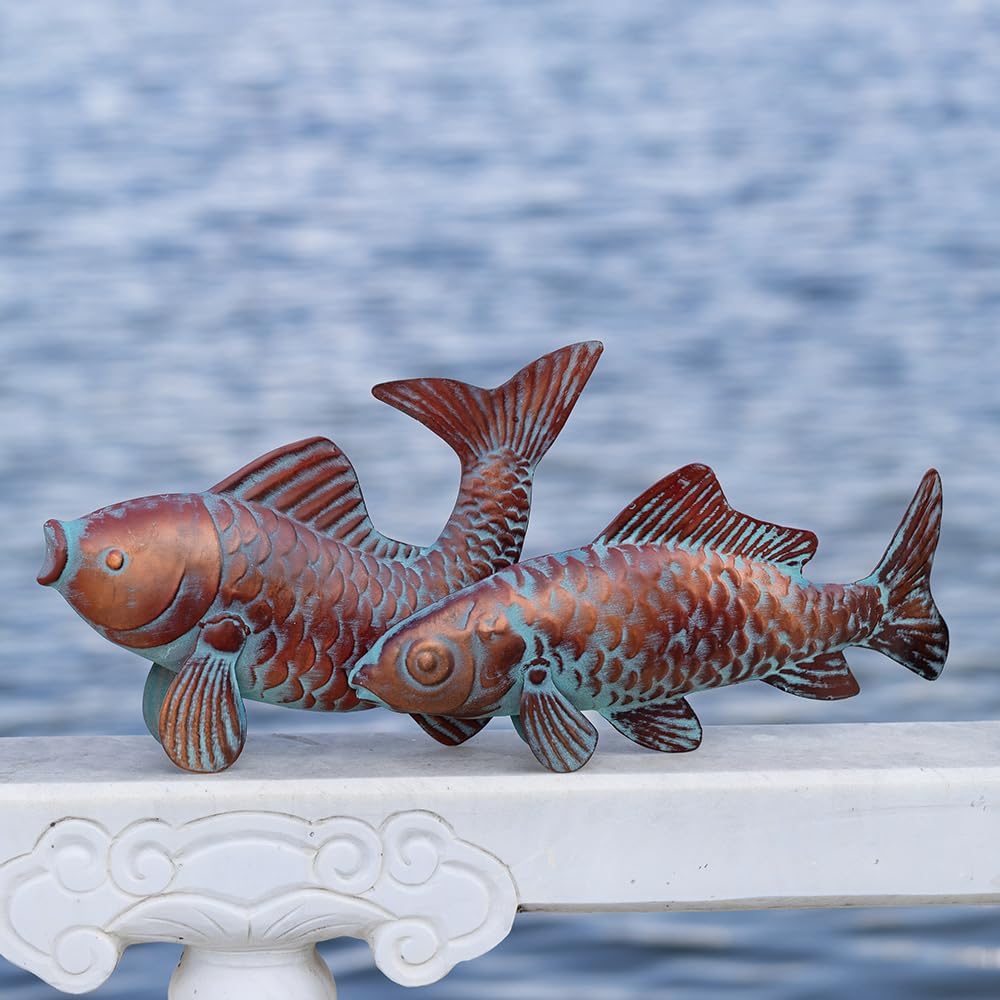 G/N Set of 2 Koi Fish Decor Outdoor Statue Sculpture Garden Pond Fishes Yard Art Antique Copper Koi Sculptures & Statues Large Metal Koi Fish Figurine Ornaments Décor Gifts for Women Mom Grandma