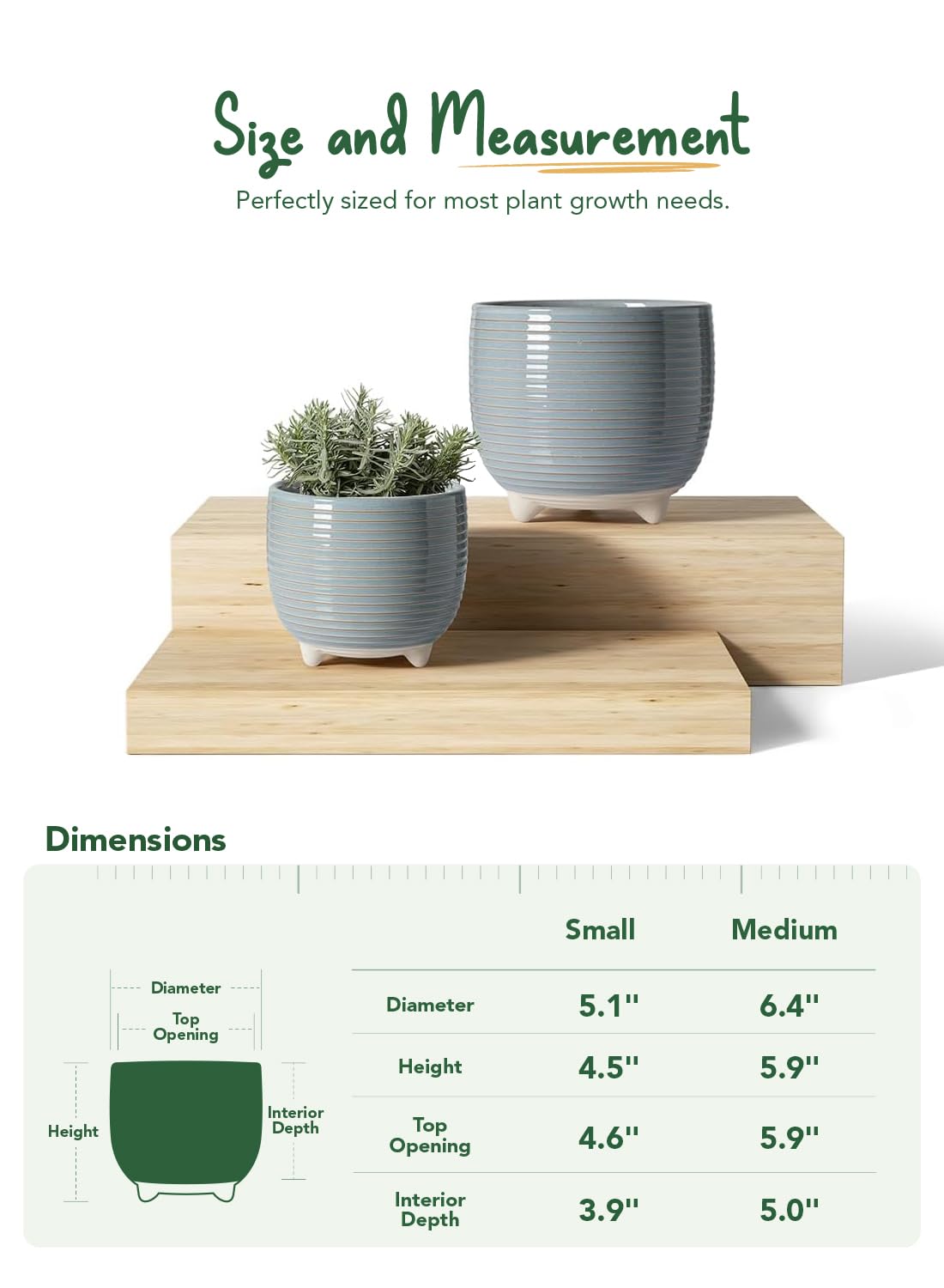 LE TAUCI Ceramic Plant Pots, 5.1 + 6.4 Inch Footed Pots for Plants, Modern Flower Pots for Home and Office, Indoor Planters with Drainage, Reactive Glaze Gray