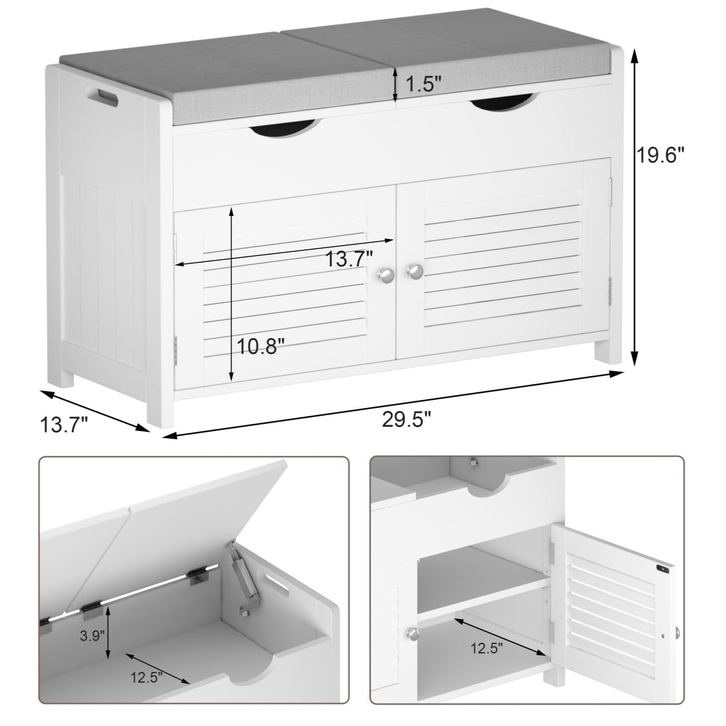 ChooChoo Shoe Storage Bench with Lift Top Storage, Entryway Bench with 2 Cushioned Seats, 3 Compartments, Adjustable Shelf, Shoe Cabinet for Entryway, Bedroom, Living Room, White
