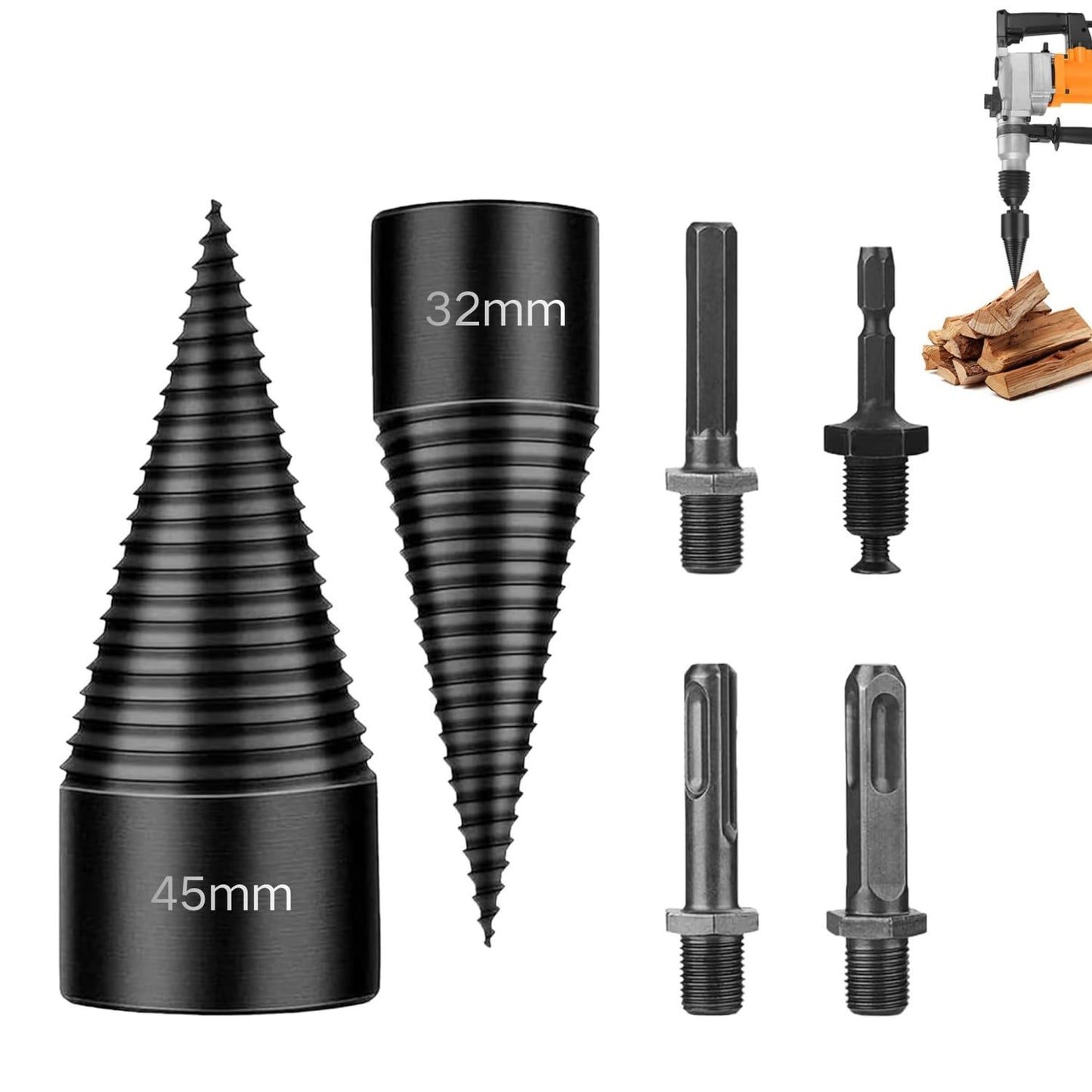 Firewood Log Splitter 2 Pack 45mm+32mm Easy Log Splitting Drill Bits Heavy Duty Electric Drills Screw Cone Driver Tools Split Wood Efficiently for Dry Soft Woods + 4 Drill Attachments (Black)