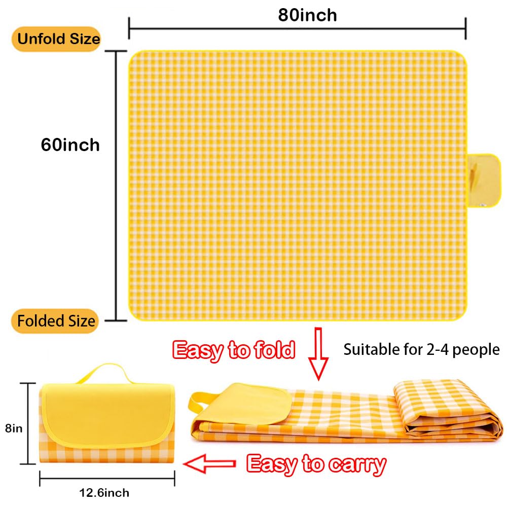 RUIBOLU Beach Blanket Large Picnic Blankets, 80x60in Sandproof Beach Mat for 2-4 Adults Waterproof Quick Drying Outdoor Picnic Mat for Travel Camping Hiking Festival Park Lawn (Yellow Plaids)