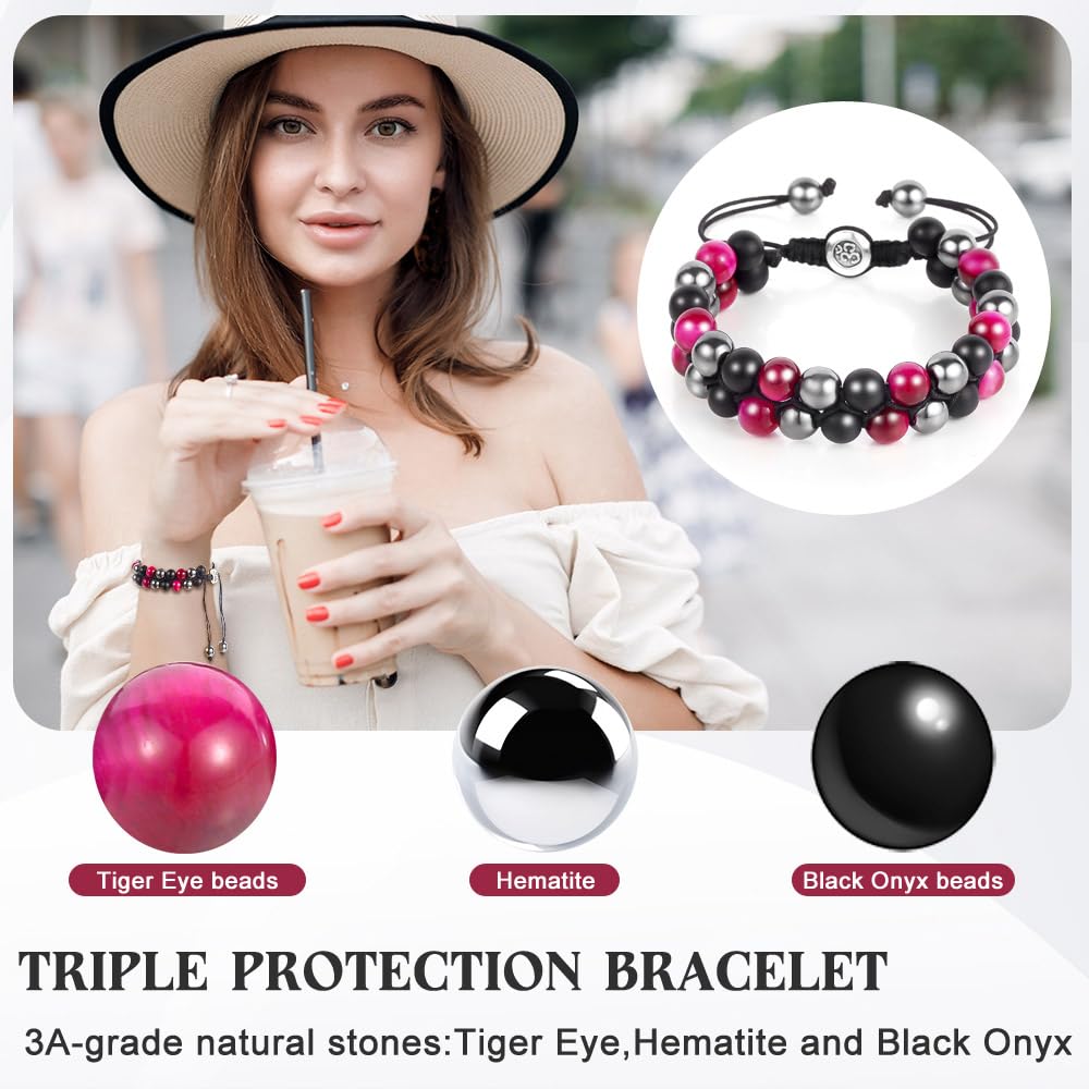 Triple Protection Bracelet - for Protect & Balance - Energy Crystal Bracelets for Men Women - Bring Good Luck & Prosperity - Tiger Eye Hematite & Black Onyx Jewelry Natural Stone Healing Bracelet