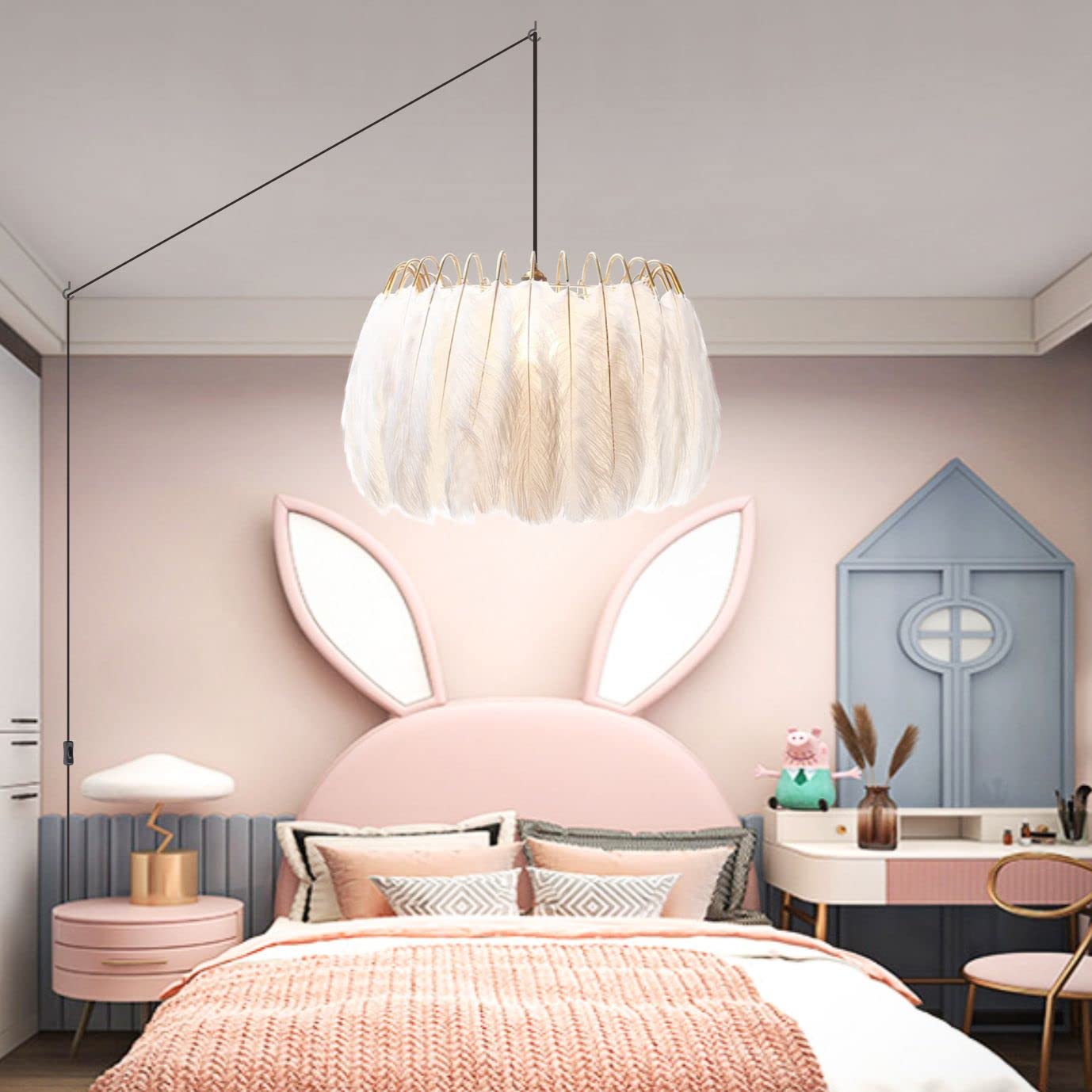 KCO Lighting Nordic Feather Chandelier White Feather Ceiling Pendant Light Fixture with 14.8 Feet Plug in Cord Gold Hanging Lamp for Girls Room Bedroom (17.7”)
