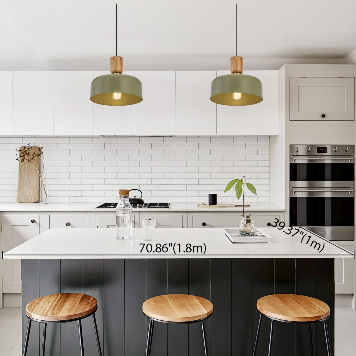 Contemporary Pendant Lighting,12 inch Pendant Lamp,Wood and Brass Accent,Adjustable Metal Hanging Light Fixture for Kitchen, Dining Room, Green