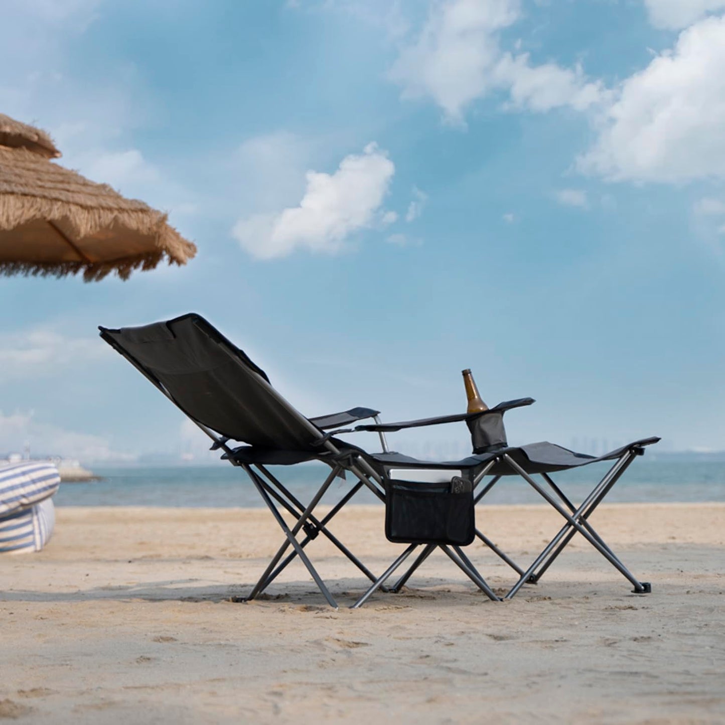 apollo walker Reclining Beach Chair, Adjustable 90-135° Backrest Camping Lounge Chairs for Adults, 6-Legged Folding Chair with Foot Rest & Detachable Pillow, Includes Carry Bag, Grey