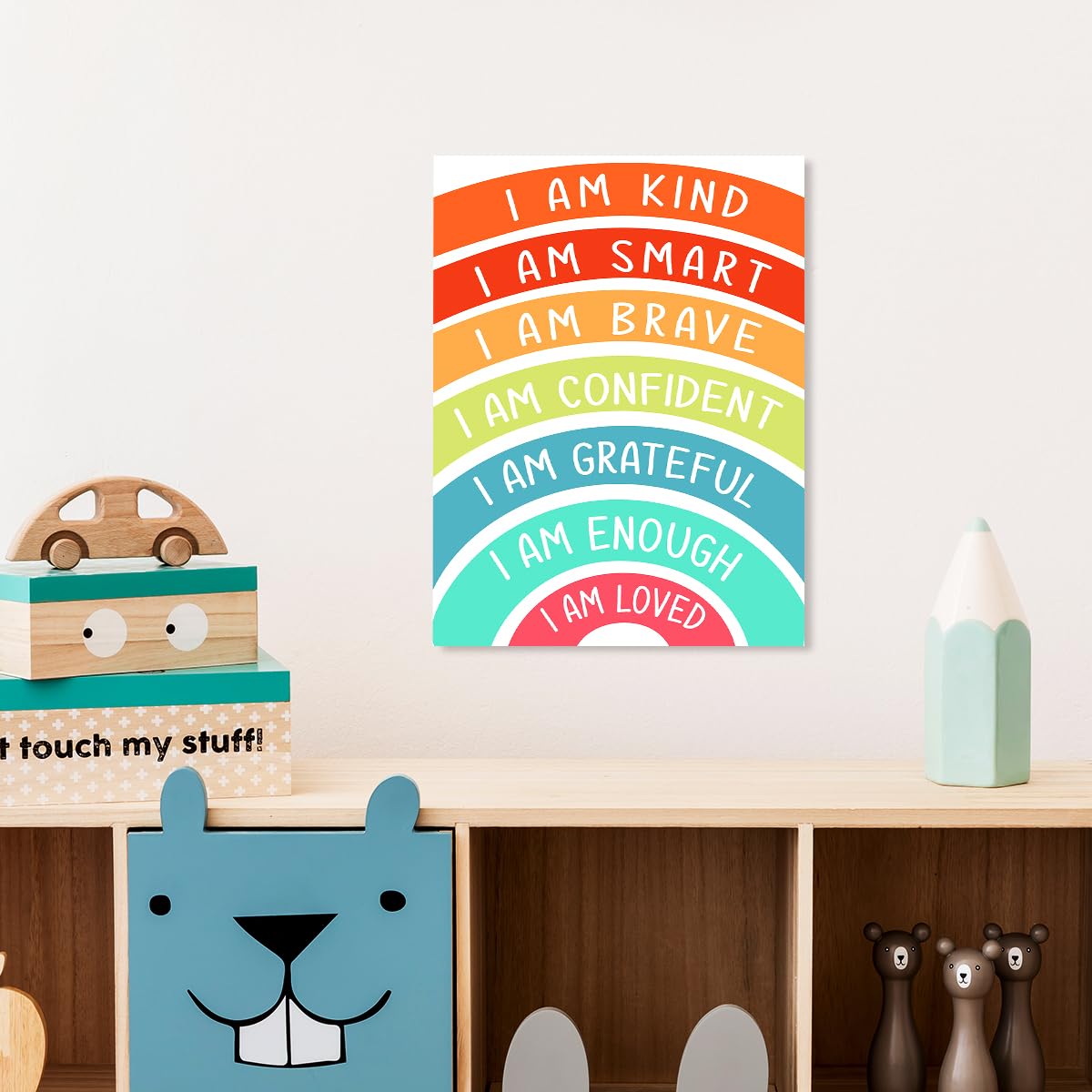 Positive Kids Affirmation Wall Decor, I Am Kind Smart Rainbow Classroom Wall Art Canvas Framed Print for Calming Corner School Counselor Wall Decor 12 x 15 in