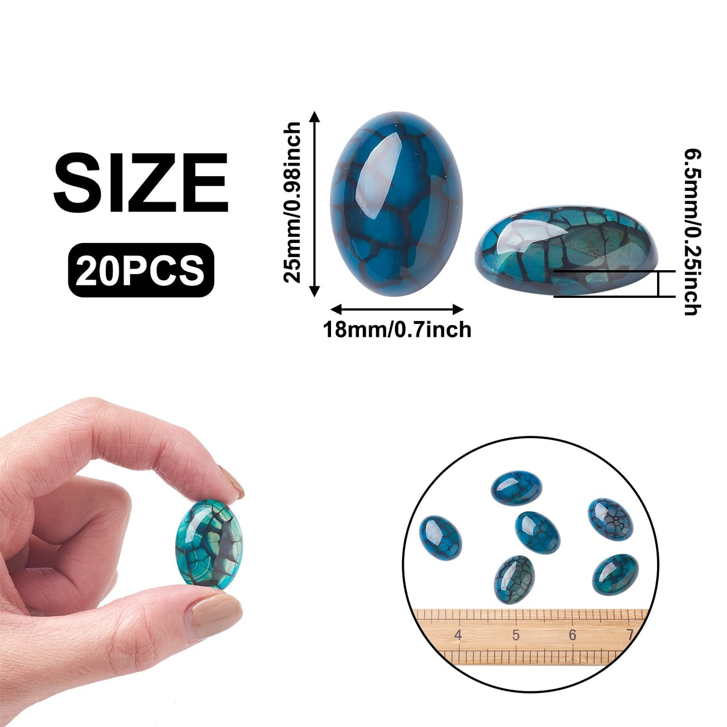 Fashewelry 20Pcs Natural Oval Dragon Veins Agate Flat back Gemstone Crystal Cabochons 25x18mm Healing Chakra Crystal Stone Bead Cab Covers No Hole for Jewelry Craft Making Marine Blue