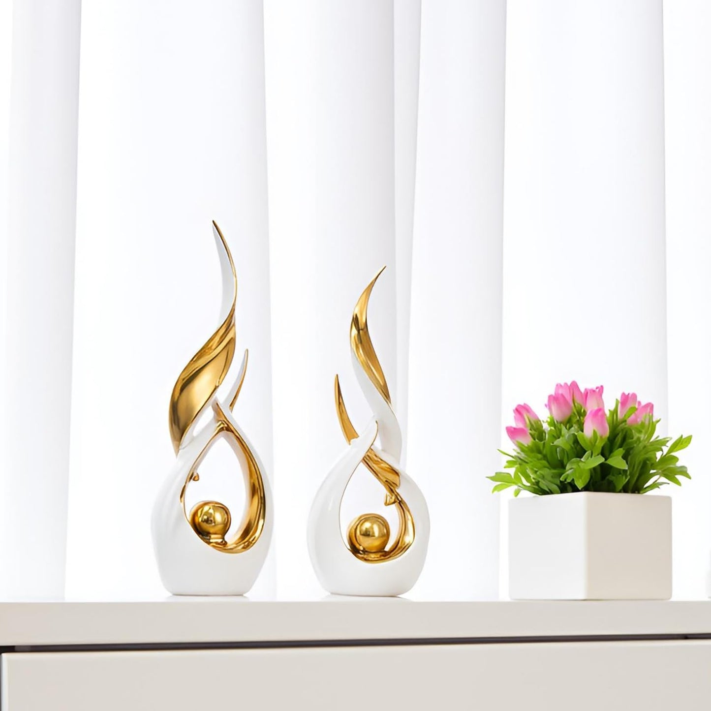 Gold Ceramic Abstract 2 Piece Statue Set,Mid Century Modern Abstract Art Home Decor Statue Mantelpiece on Unique Shelf Decor, TV Cabinet Divider Table top and Dining Table Centerpiece (White Gold)