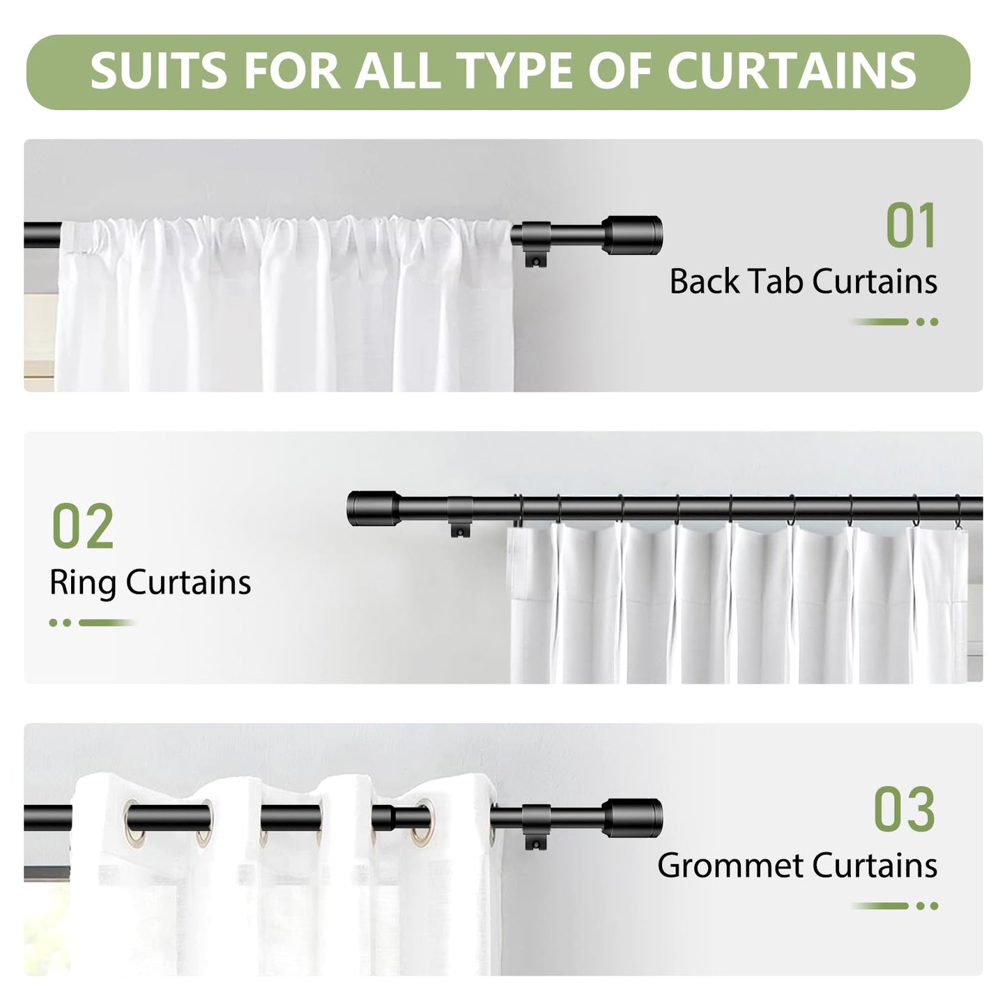 5/8” Diameter Curtain Rods 30-90 Inch, for 30-84 Inch Windows, Adjustable Splicing Black Curtain Rods for Windows with Brackets, Window Rod Long Small Curtains Rod