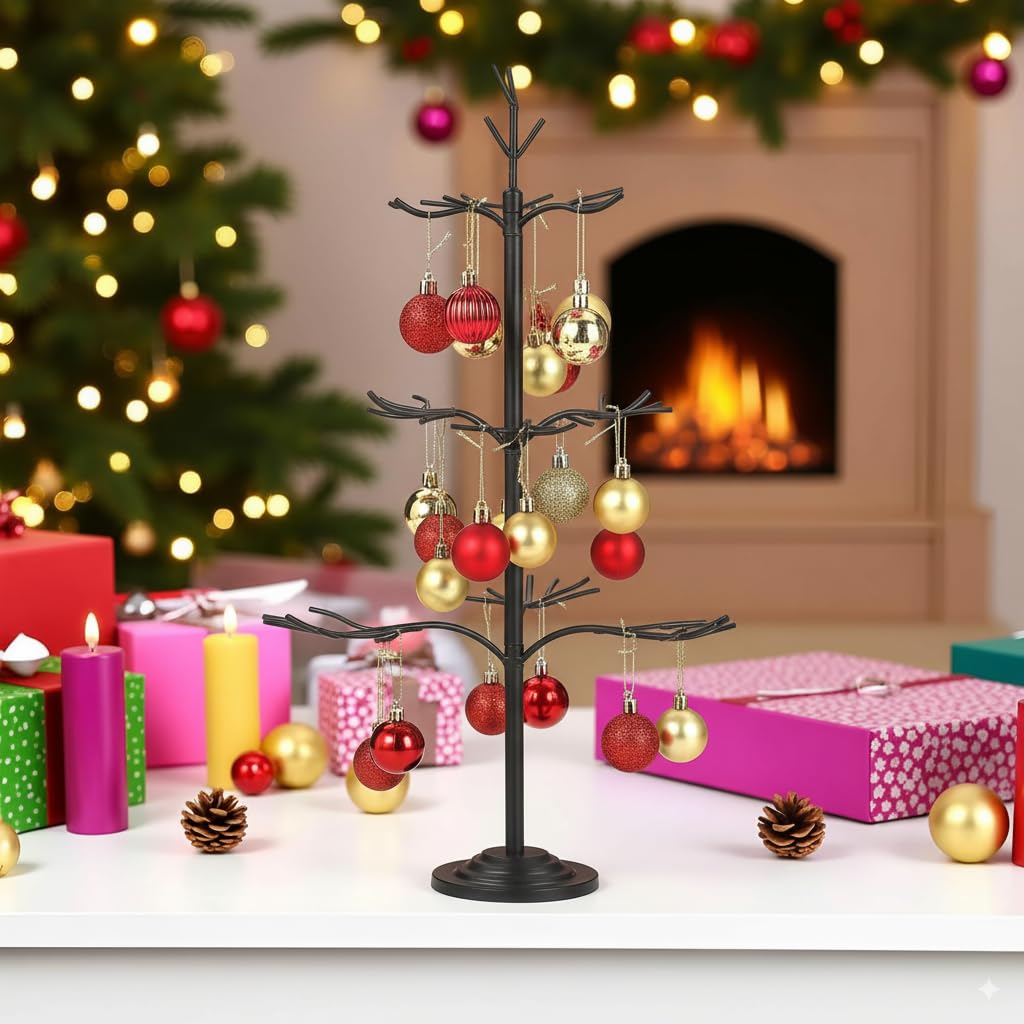 Metal Ornament Display Tree, Black Ornament Tree Display Stand, 22 Inch Christmas Tabletop Ornaments Hangers Stand, 3-Tier Wire Displays Trees for Easter Halloween Christmas Ornaments