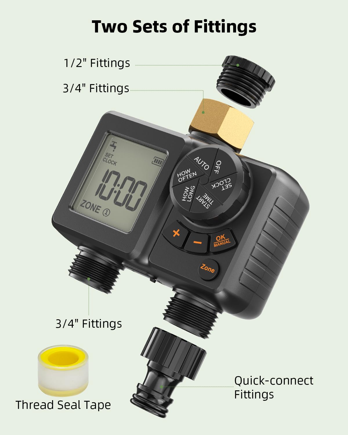 NTTYIECX Sprinkler Timer 2 Zone,Water Timer for Garden Hose with Lithium Battery ＆ Controller Brass Inlet, Delay/Manual/Automatic Watering Irrigation System for Yard, Lawn,Garden IPX6 Waterproof