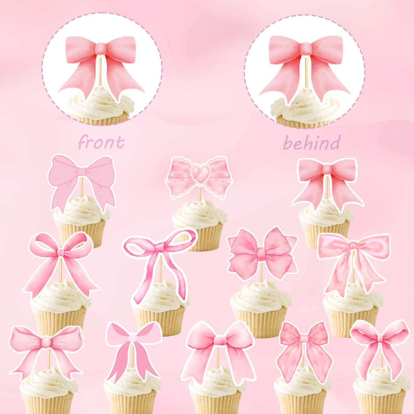 24PCS Coquette Bow Cupcake Toppers, Pink Bow Coquette Birthday Cake Decorations for Bachelorette Bridal Engagement Wedding Girl Baby Shower Bow Theme Party Decor