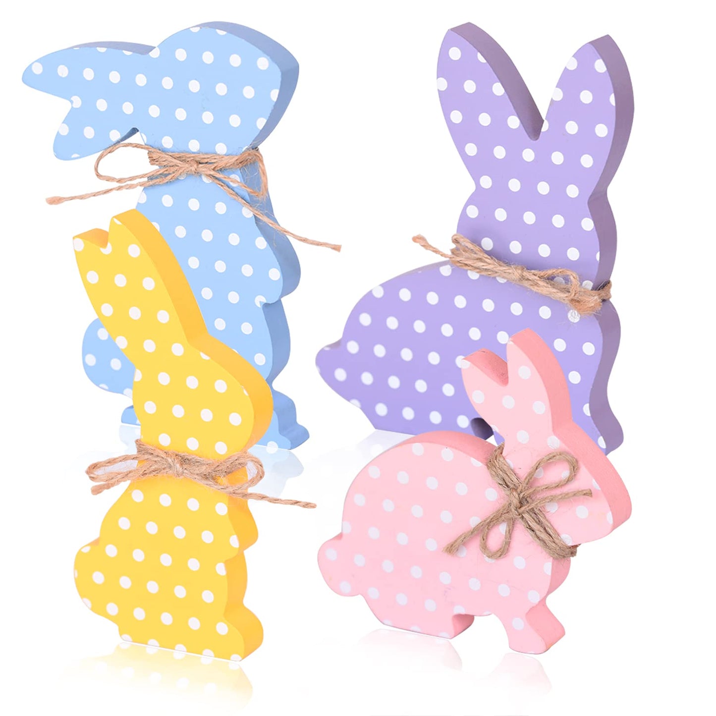 4Pcs Easter Bunny Decorations, Wooden Rabbit Shaped Tabletop Centerpieces Table Signs with Rope Farmhouse Spring Easter Decor for Home Office Dining Room