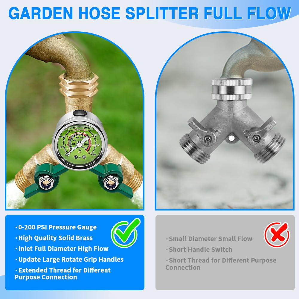 Brass Garden Hose Splitter Full Flow, Hose Splitter 2 Way Heavy Duty, Large Rotate Grip Handles Hose Y Splitter with Shutoff, Garden Hose Splitter with 0-200 PSI Pressure Gauge, 3/4" GHT Threads