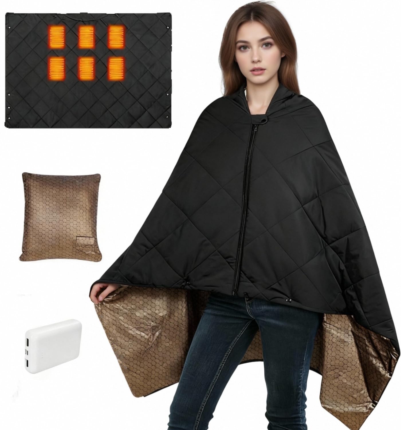 Cordless Heated Blanket, Outdoor Battery Operated Heating Blanket with 10000mAh Battery & 6-Zone Fast Heating Wearable Blanket Throw for Indoor Outdoor, Camping, Travel, Game, Machine Washable