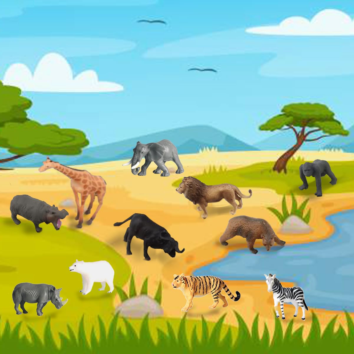 RUSON 12 Pcs Mini Safari Animals Figures Toys, Realistic Jungle Zoo Animal Figurines Cake Topper Toy Set Christmas Birthday Easter Egg Gift Party Supplies for Kids Toddlers