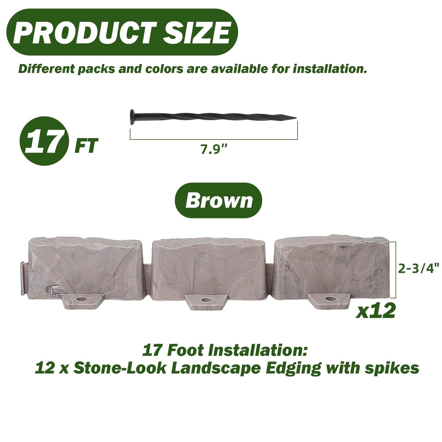 Landscape Edging Faux Stone Garden Edging Border,17FT x 2.75 in Tall Decorative Stone-Look Garden Border for Flower Bed Edging,Lawn,Landscaped Yard,Trees and Gardens,with Anchoring Spikes,Brown