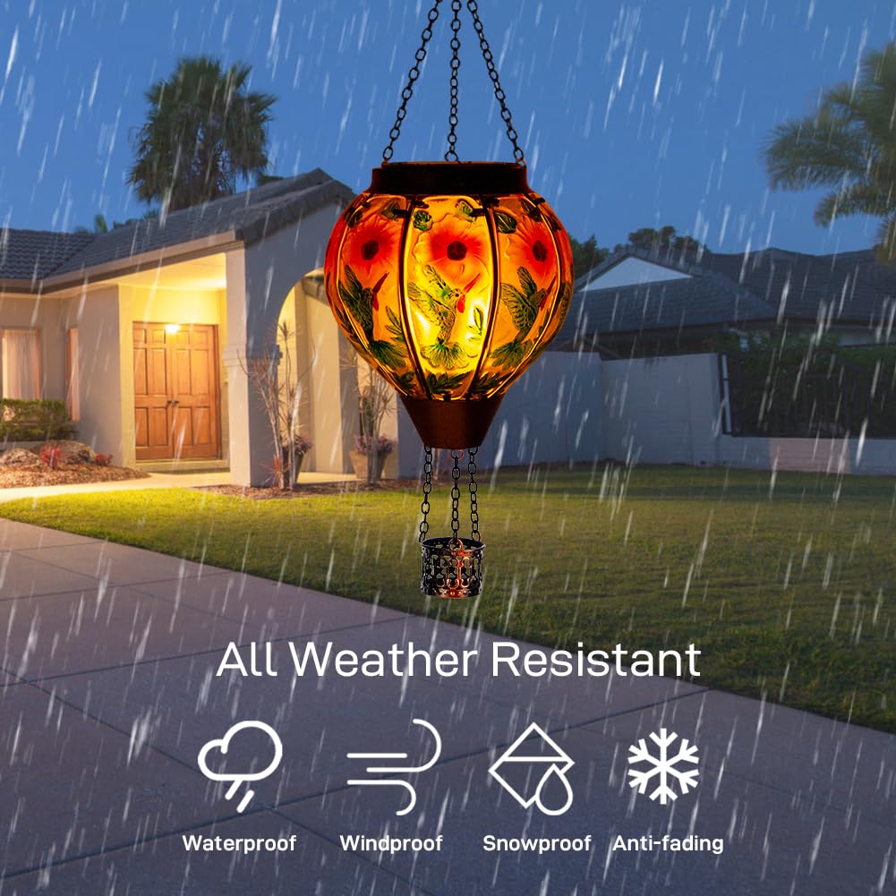 DREAMSOUL Hummingbird Hot Air Balloon Solar Lantern, Hanging Solar Lanterns Outdoor with Flickering Flame Light, Metal & Glass Solar Lanterns Outdoor Waterproof for Patio Yard Decor