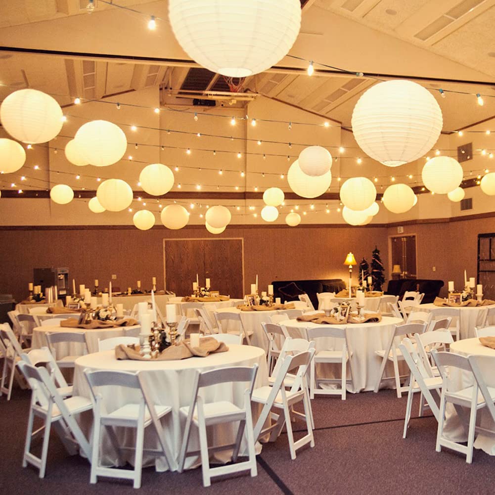 YUNXUAN Paper Lanterns Decorative, White Hanging Round Chinese Lanterns with Lights for Wedding Anniversary Birthday Party 12 LED Light Pack of 12