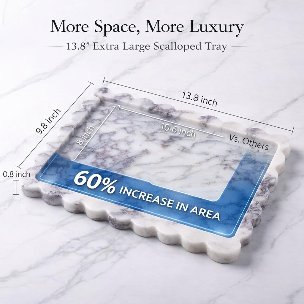 PebblePure 14" x 10" Large Genuine Calacatta Viola Scalloped Marble Tray, Pre-Sealed for Stain & Water Resistance, Luxury Decorative Trays for Vanity, Bathroom, Dresser, Coffee Table, Home Decor