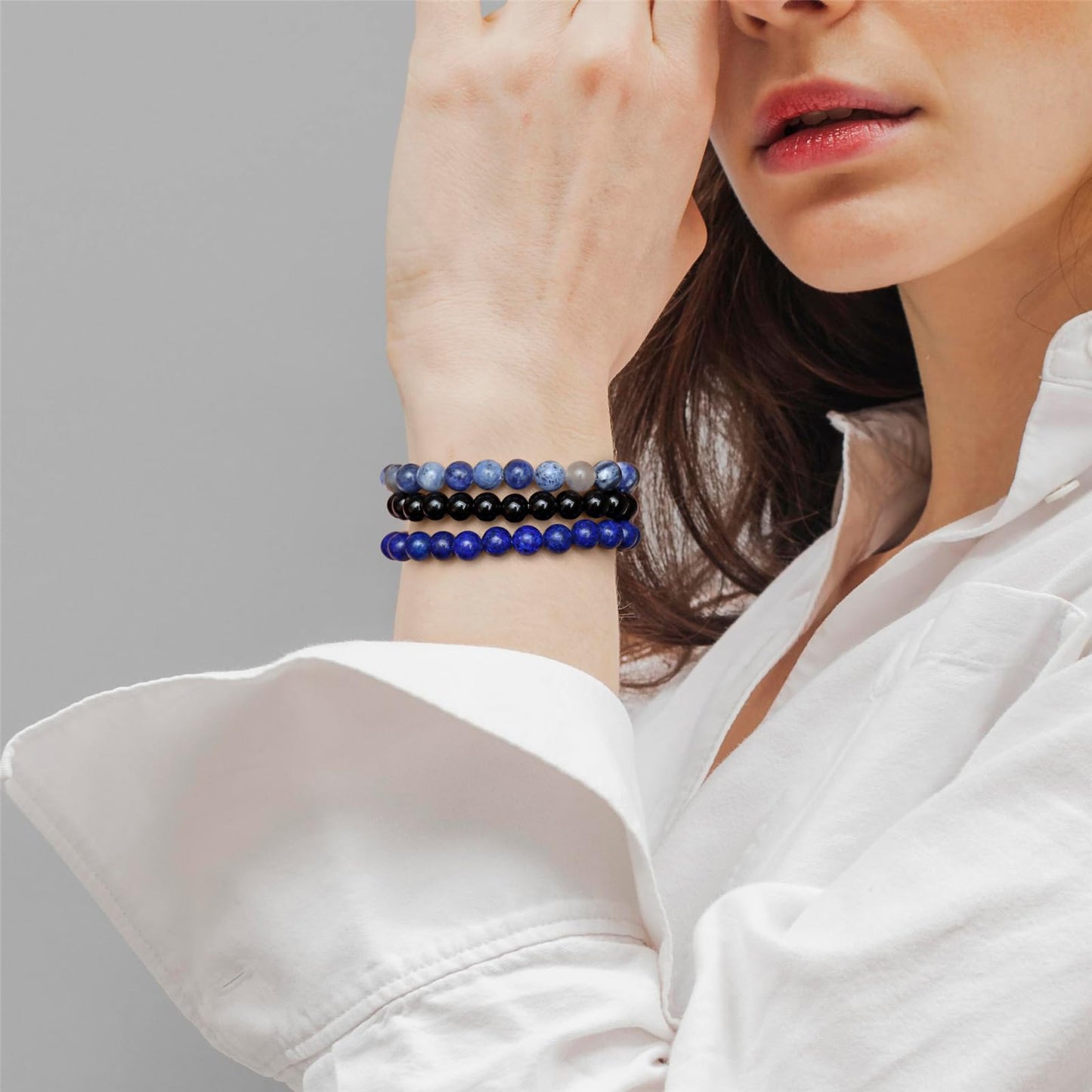 Risyfjew 3 PCS Healing Crystal Bracelet Women 8mm Natural Stone Beaded Stretch Bracelet Lapis Lazuli Sodalite Jewelry Gifts
