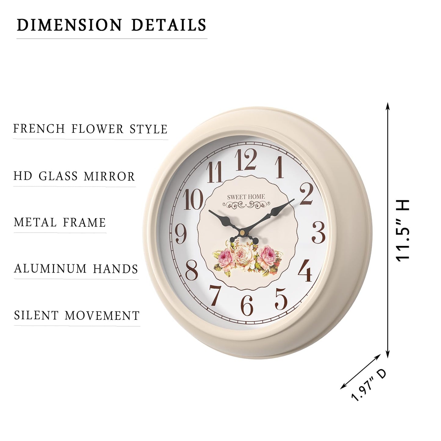 Abdurey Sweet French Rose Style Wall Clock, Battery Operated Silent, Creamy White Decorative Wall Clocks for Living Room, Farmhouse, Bedroom, Bathroom, Dining Room 11.5"