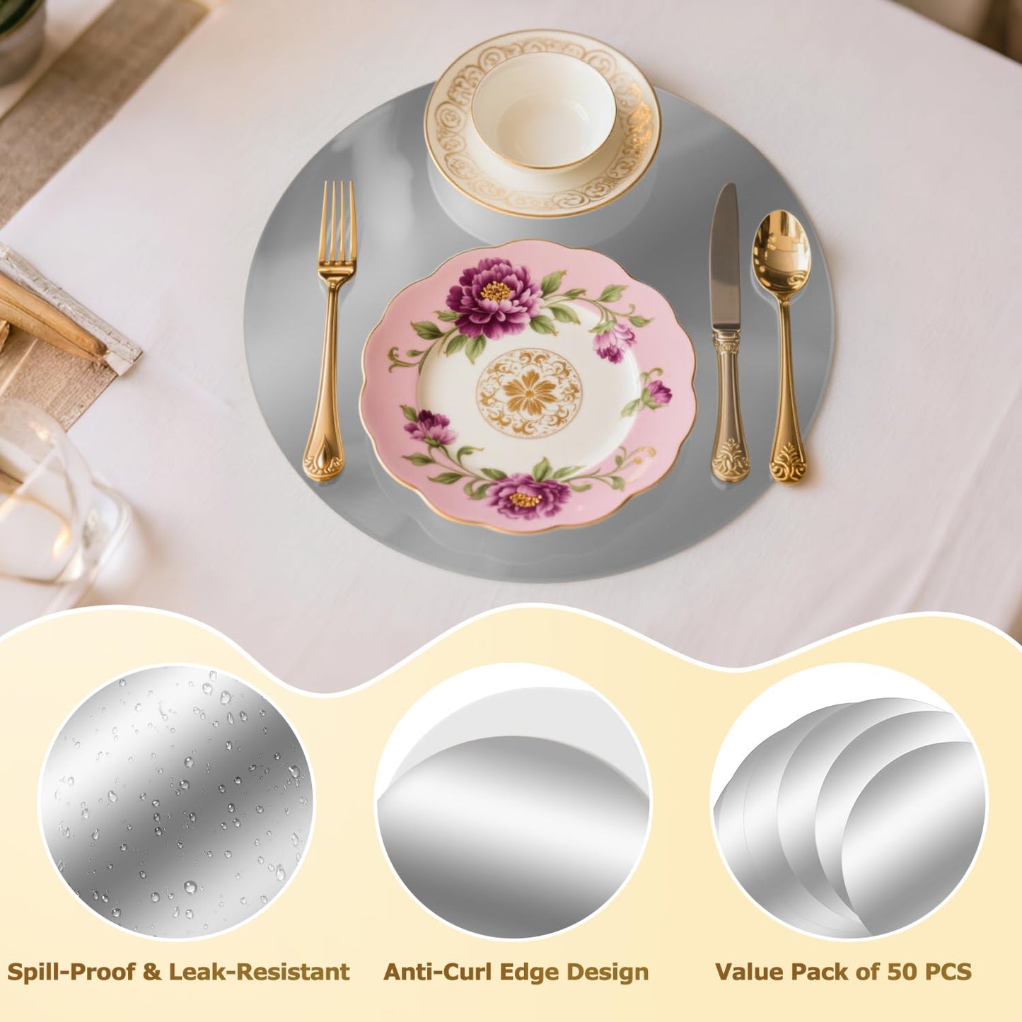 50PCS Silver Paper Placemats for Dinner Plates, 13 Inch Round Disposable Chargers, Shiny Holiday Place Mat for Dining Table Setting Valentine's Day Weddings Birthday Parties Kitchen Banquet Decor