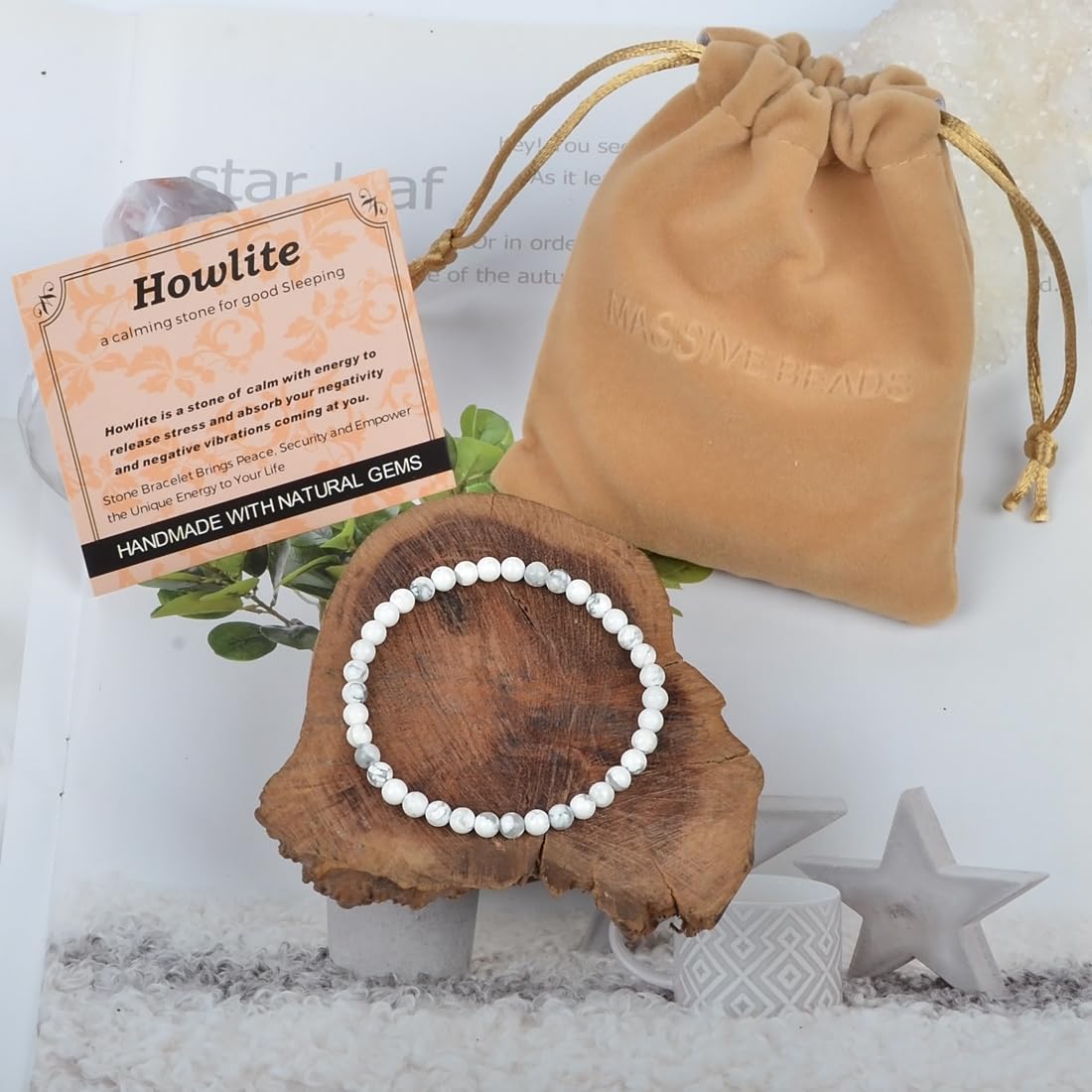 MASSIVE BEADS Howlite - Stone of Good Sleep - Handmade Yoga Stretch Elastic Bracelet Natural Stone Crystal Healing Power Energy Gifts for Unisex Adult 4mm