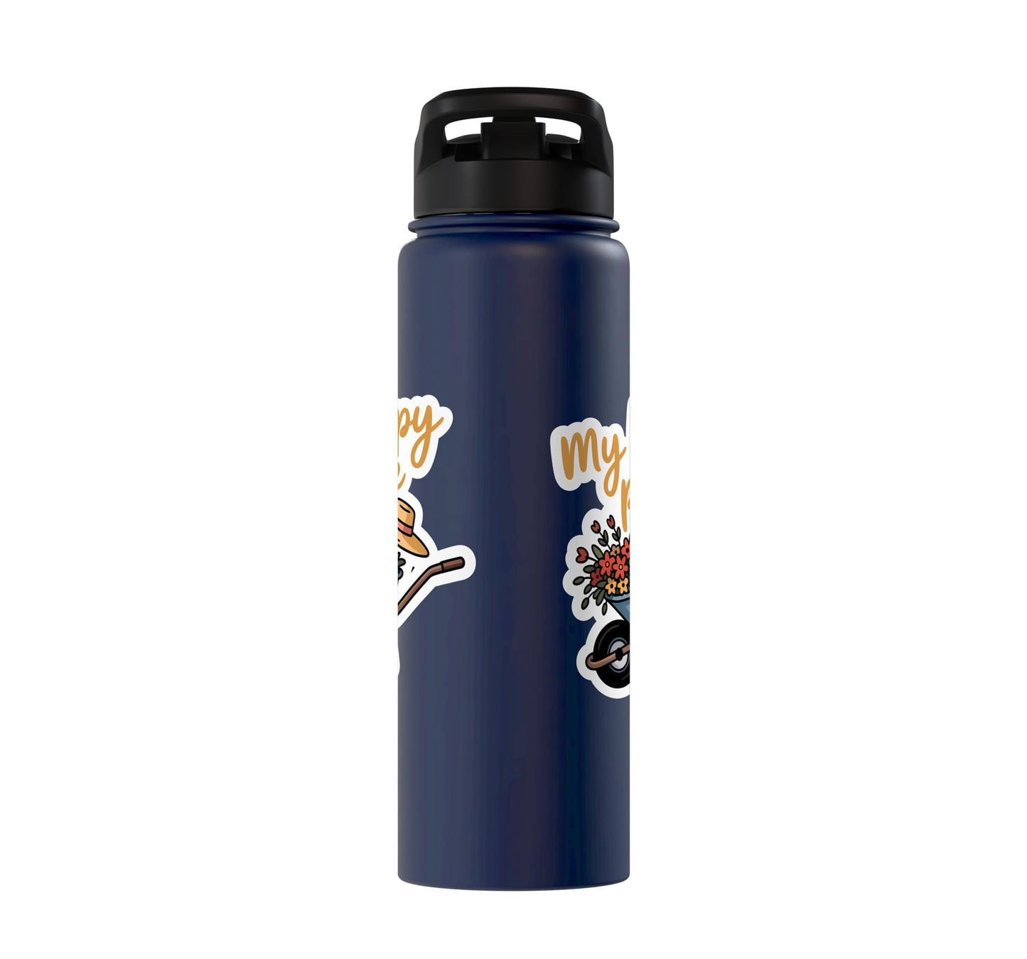 Cheerful Wheelbarrow Flowers Straw Hat Gardening Stainless Steel Insulated Water Bottle