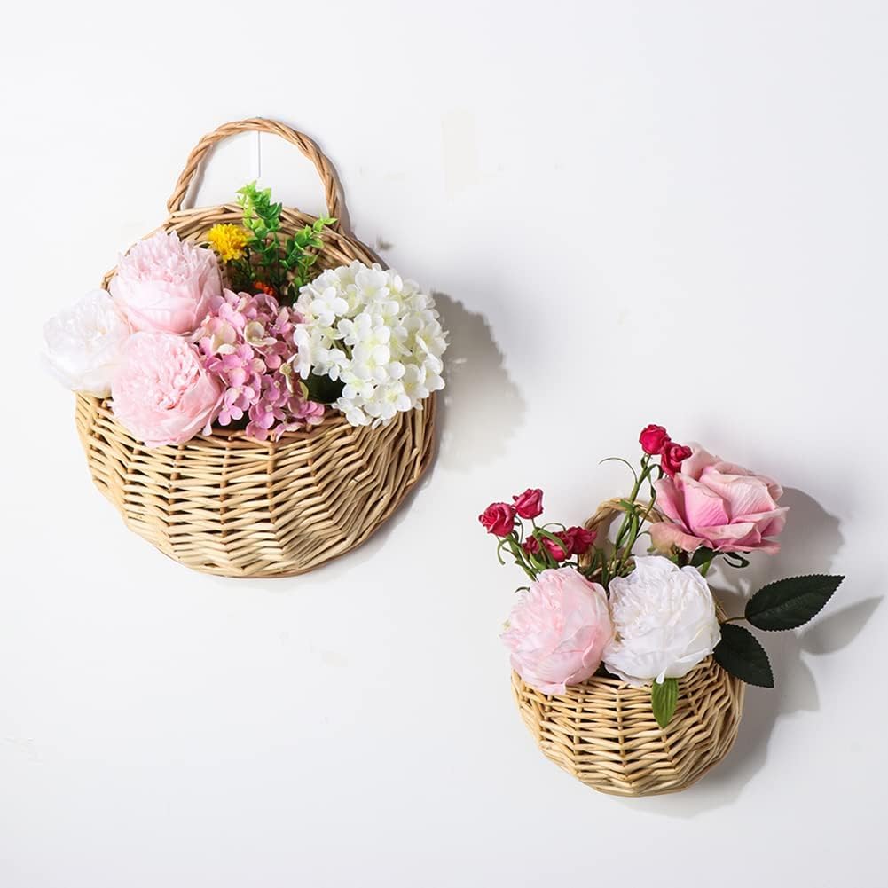 Handmade Woven Hanging Plant Basket Wall Hanging Rattan Basket Wall Hanging Flower Pot Wicker Weaving Flower Pot Natural Wicker Handed Storage Basket for Home Garden Wedding Wall Pot Plants Flowers B