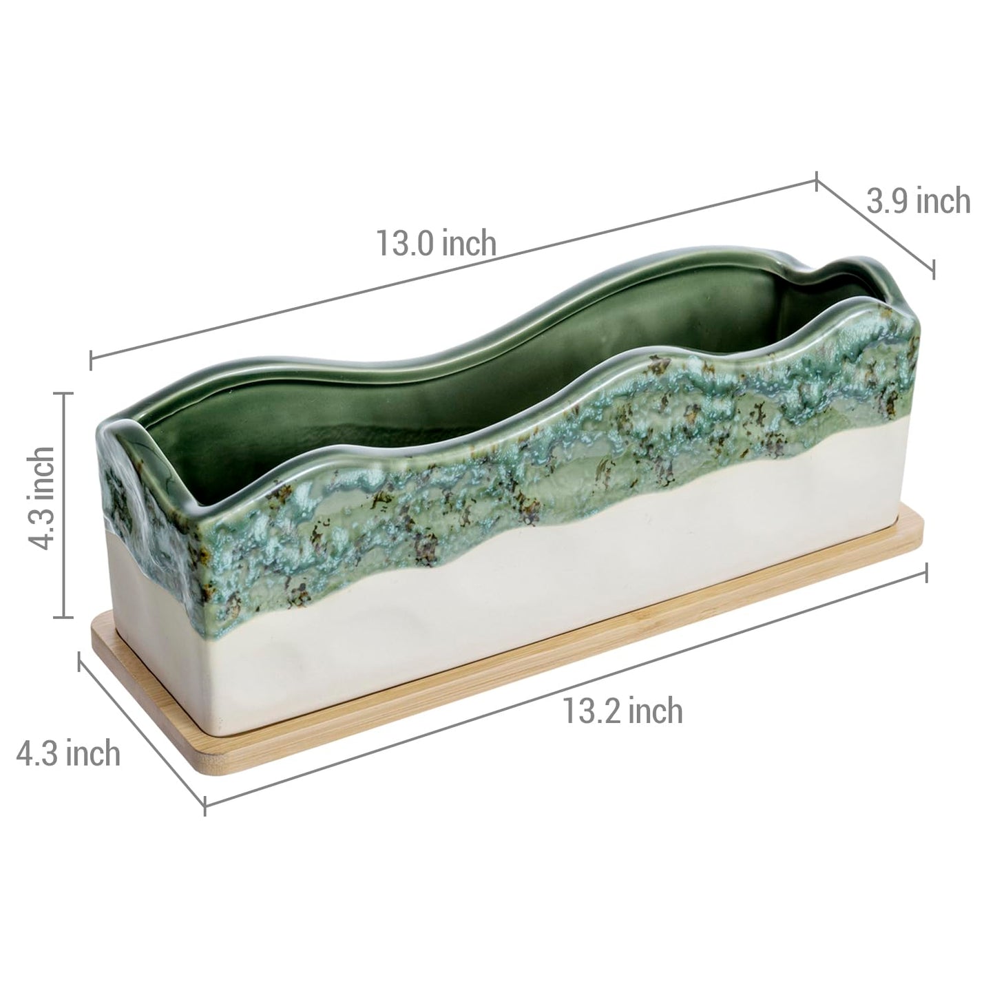 MyGift 13 Inch Large Rectangular Succulent Planter, Decorative Seafoam Green Glazed Beige Ceramic Indoor Plant Container Pot with Removable Bamboo Tray