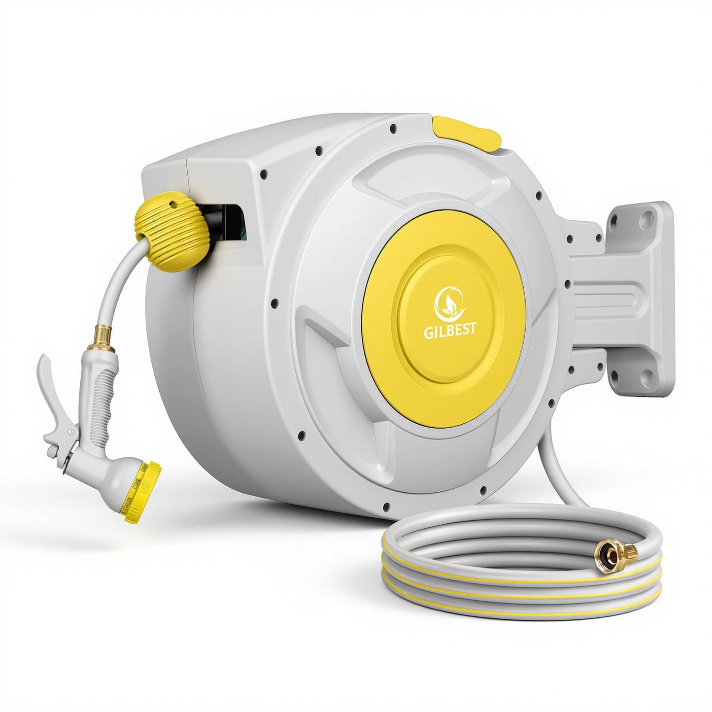 5/8" x 100 ft Retractable Garden Hose Reel, Heavy Duty Water Hose Reel Wall Mounted, Any Length Lock, 180°Swivel, Water Hose with 8-Function Nozzle for Cleaning, Watering(Yellow)