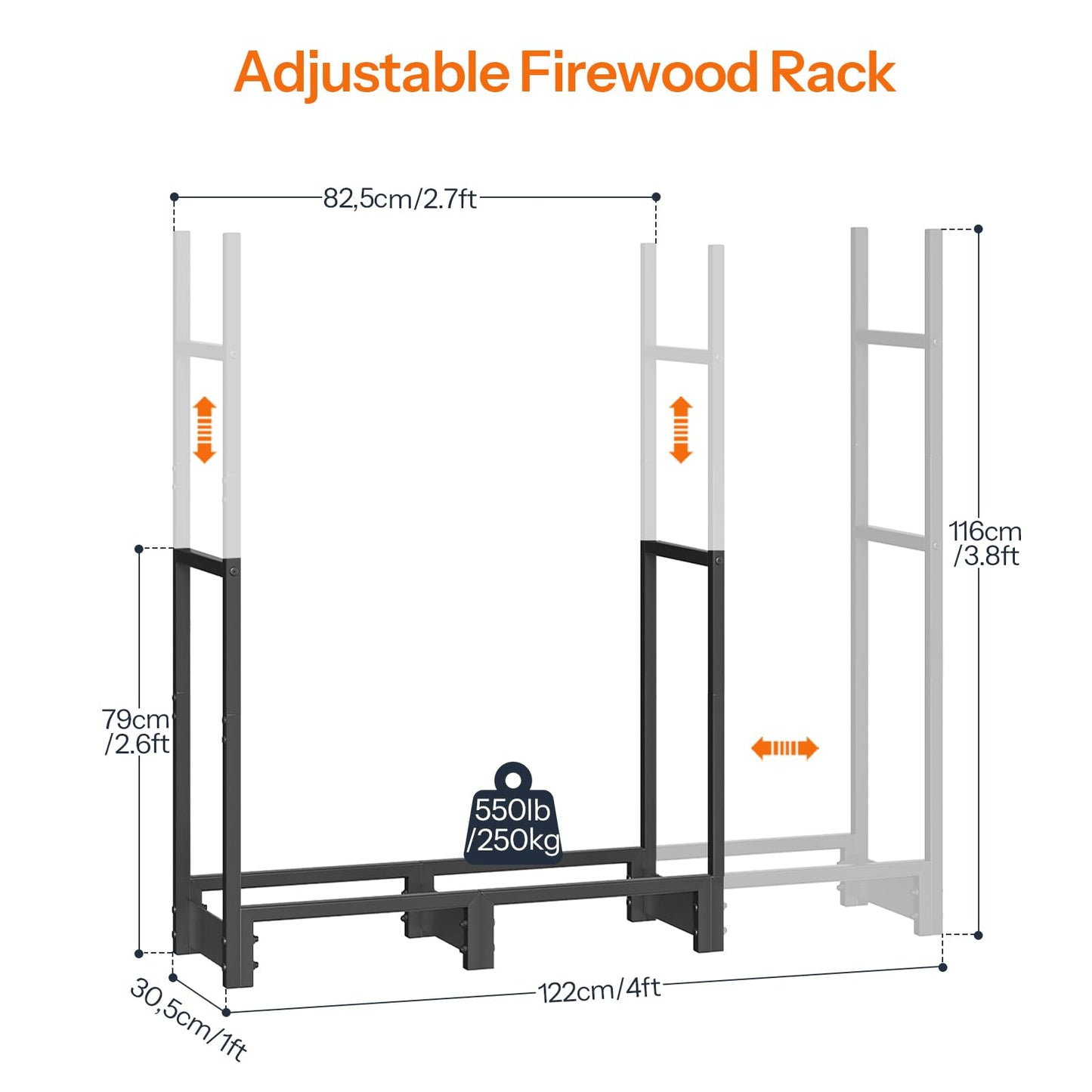 HOOBRO 4FT Firewood Rack with Cover, Outdoor Firewood Log Rack, Adjustable Log Holder with Waterproof Cover, Fireplace Wood Storage, Heavy Duty Wood Holder, for Indoor and Outdoor, Black BB01CH02