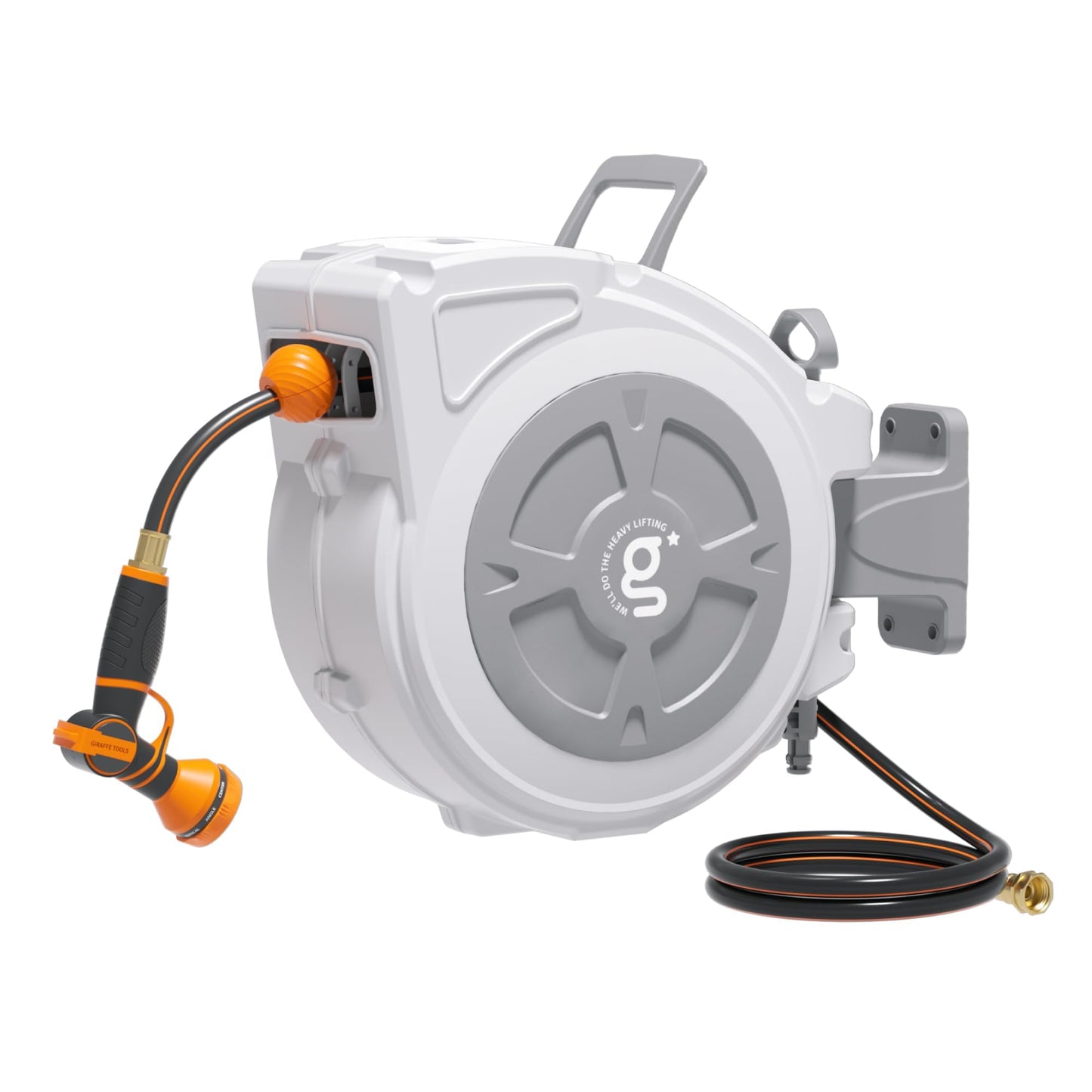 Giraffe Tools Retractable Hose Reel 1/2" x 65 ft Heavy Duty Water Hose Reel, Swivel Bracket, Any Length Lock, with 9-Function Sprayer Nozzle