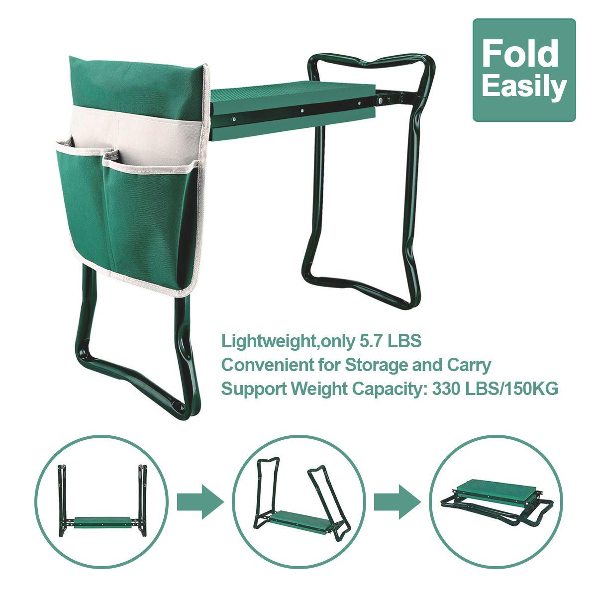 PLKO Garden Kneeler and Seat Stool Heavy Duty Garden Folding Bench with Large Tool Pocket and Soft EVA Kneeling Pad for Gardening Lovers